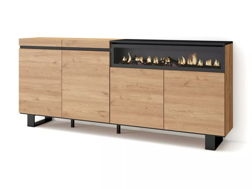 Kauf Unique Sideboard, Highboard, 200x87x35cm, 4 Türen, Elektrokamin. Maße, Industriedesign, Eiche Schwarz