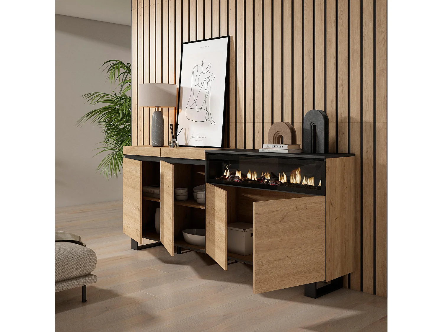 Buffet salon et cuisine, 200x35x87cm, 4 Portes, Cheminée électrique, Design industriel, Chêne et noir