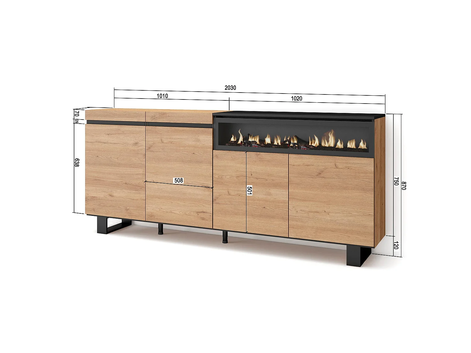 Buffet salon et cuisine, 200x35x87cm, 4 Portes, Cheminée électrique, Design industriel, Chêne et noir