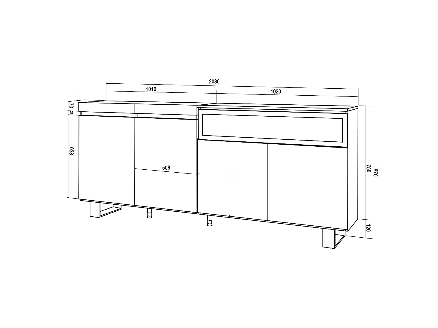 Buffet salon et cuisine, 200x35x87cm, 4 Portes, Cheminée électrique, Design industriel, Chêne et noir