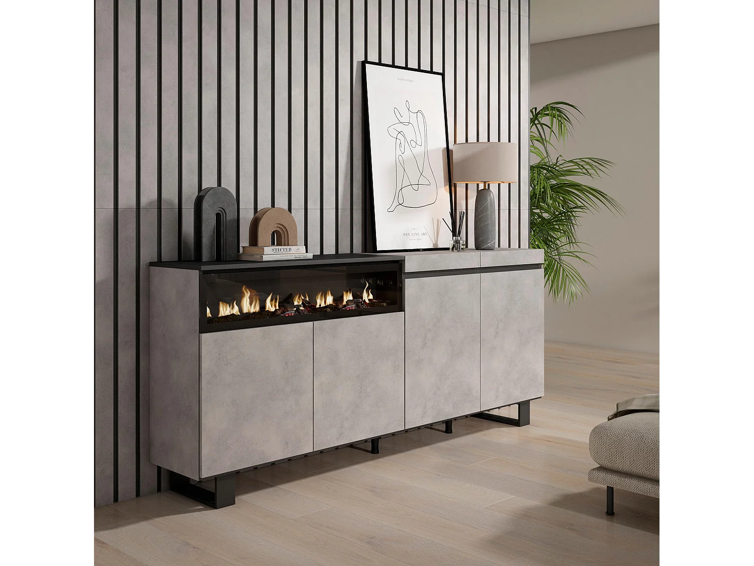 Buffet salon et cuisine, 200x35x87cm, 4 Portes, Cheminée électrique, Design industriel, Ciment