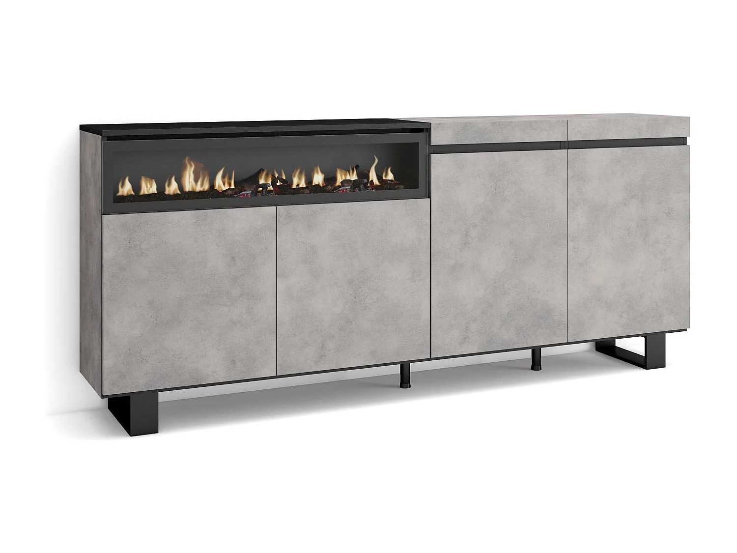 Buffet salon et cuisine, 200x35x87cm, 4 Portes, Cheminée électrique, Design industriel, Ciment