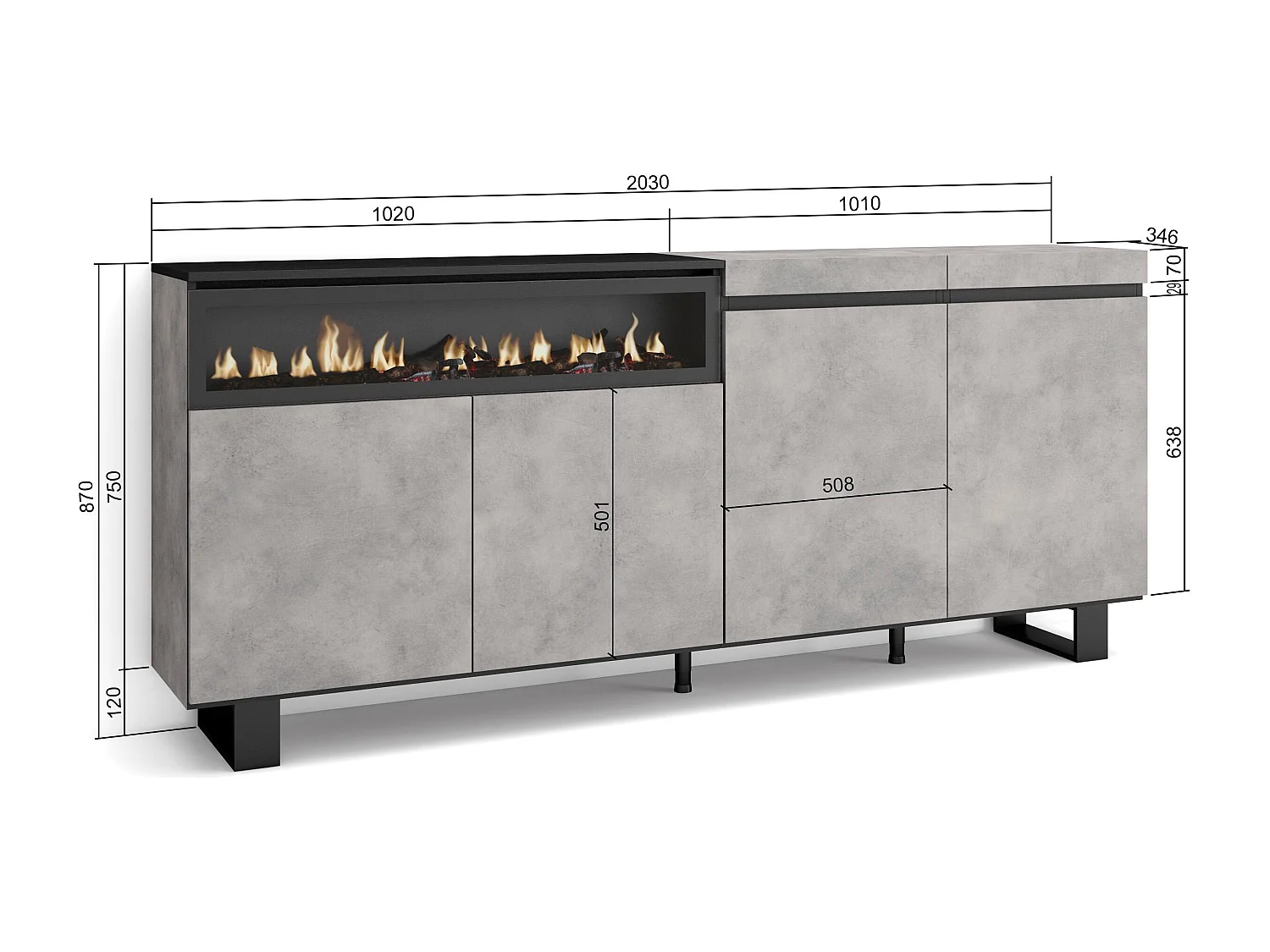 Buffet salon et cuisine, 200x35x87cm, 4 Portes, Cheminée électrique, Design industriel, Ciment