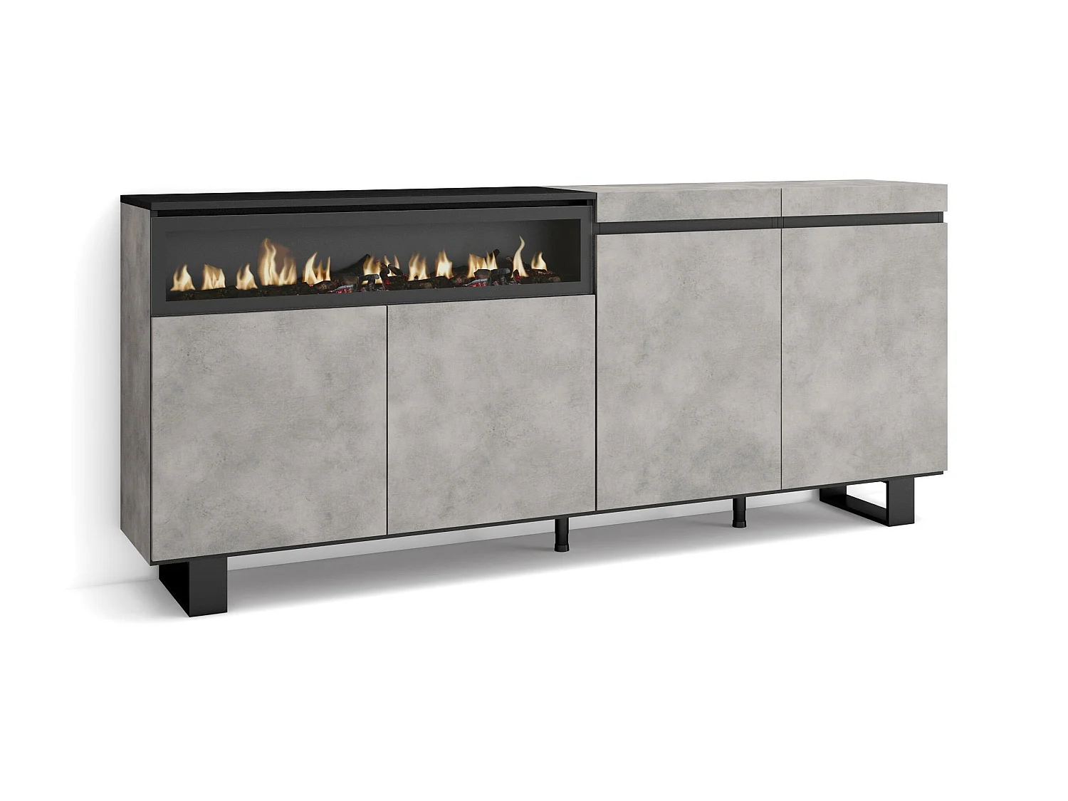 Buffet salon et cuisine, 200x35x87cm, 4 Portes, Cheminée électrique, Design industriel, Ciment