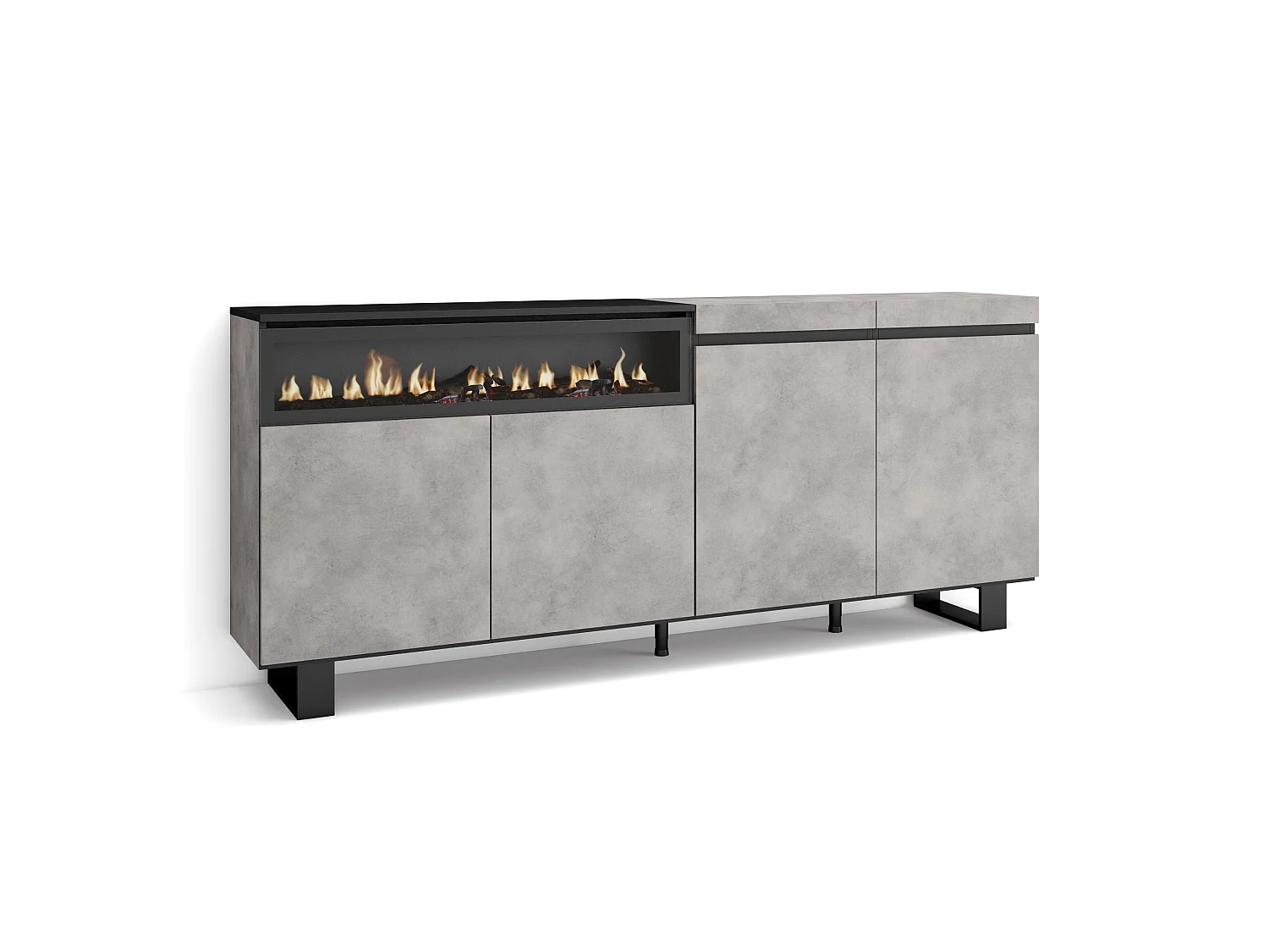 Buffet salon et cuisine, 200x35x87cm, 4 Portes, Cheminée électrique, Design industriel, Ciment