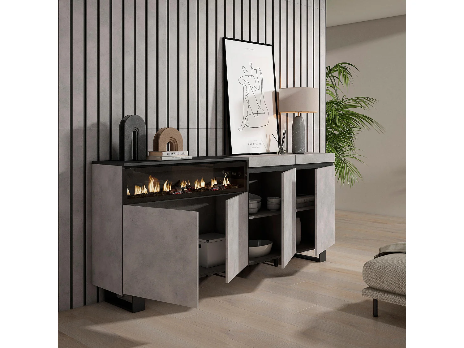 Buffet salon et cuisine, 200x35x87cm, 4 Portes, Cheminée électrique, Design industriel, Ciment