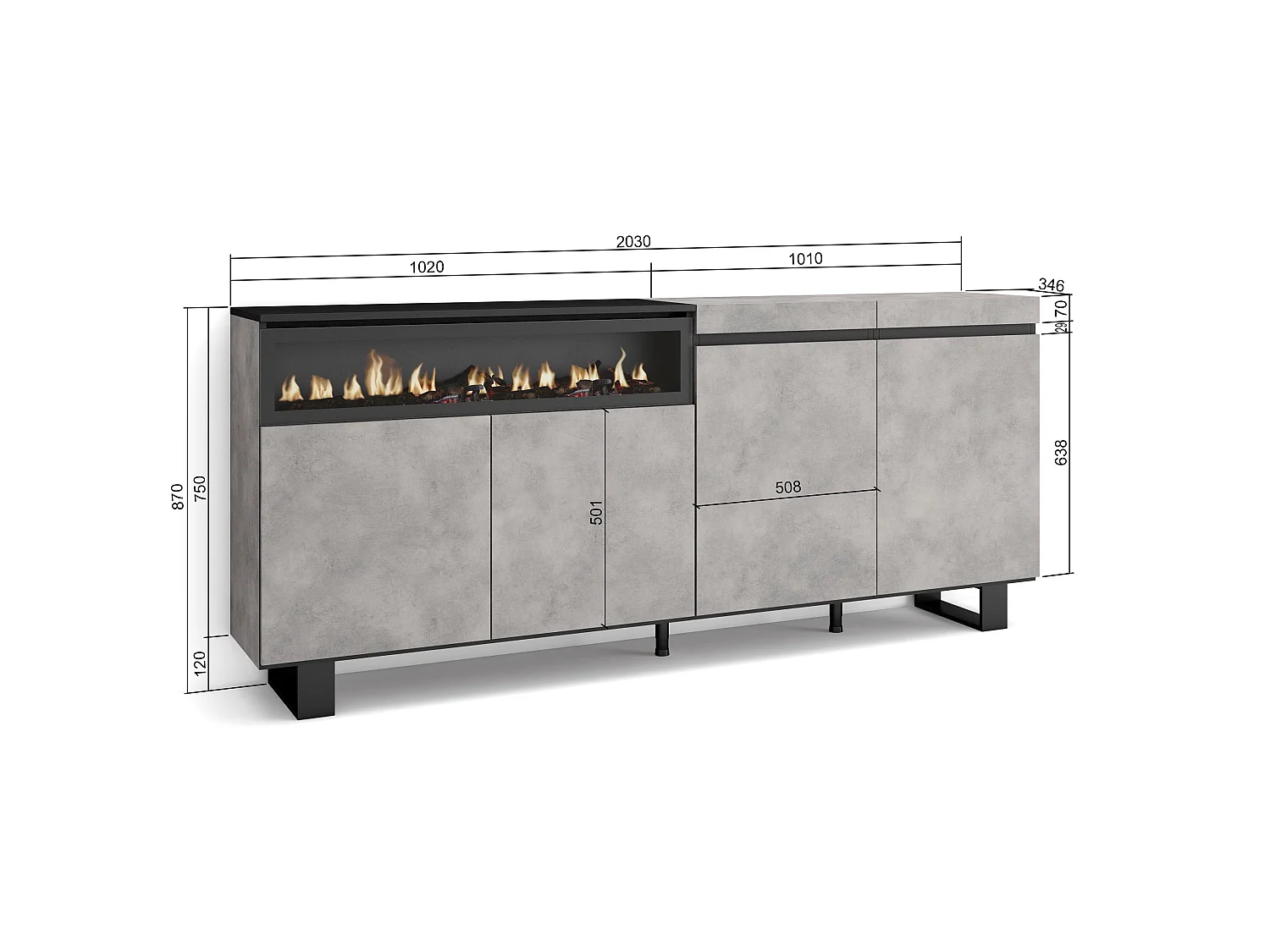 Buffet salon et cuisine, 200x35x87cm, 4 Portes, Cheminée électrique, Design industriel, Ciment