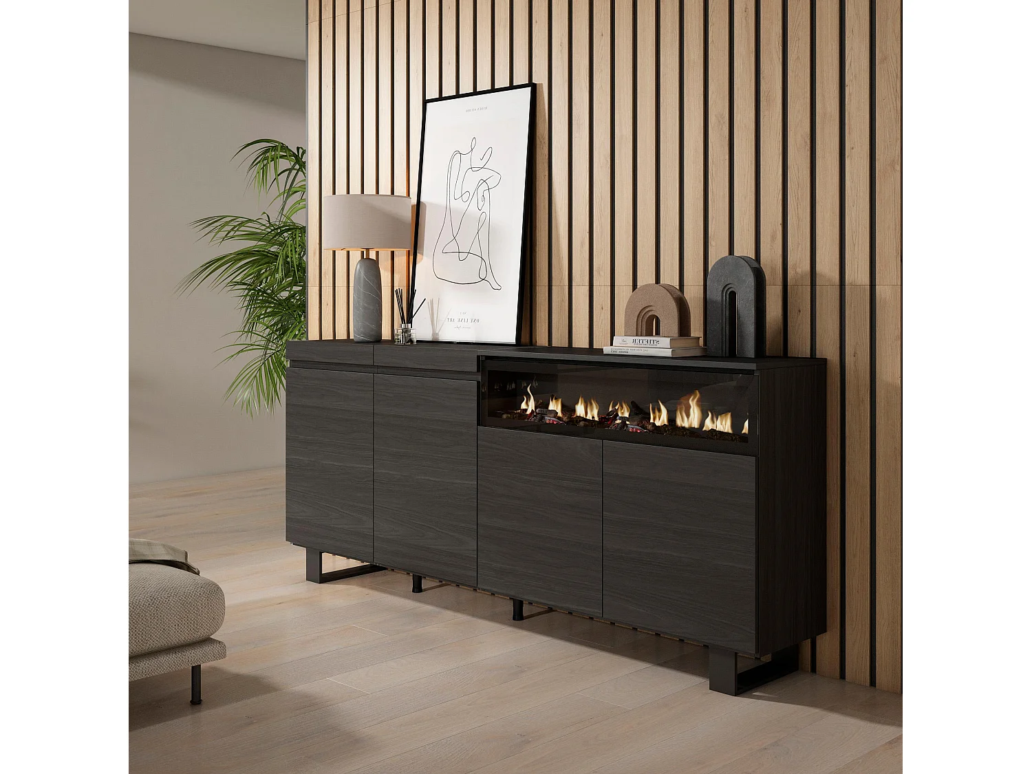 Sideboard, Highboard, 200x35x87cm, 4 Türen, Elektrokamin, Industriedesign, Schwarz
