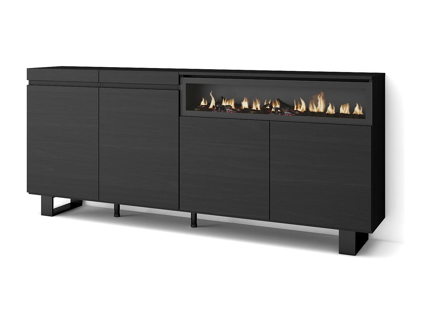 Sideboard, Highboard, 200x35x87cm, 4 Türen, Elektrokamin, Industriedesign, Schwarz