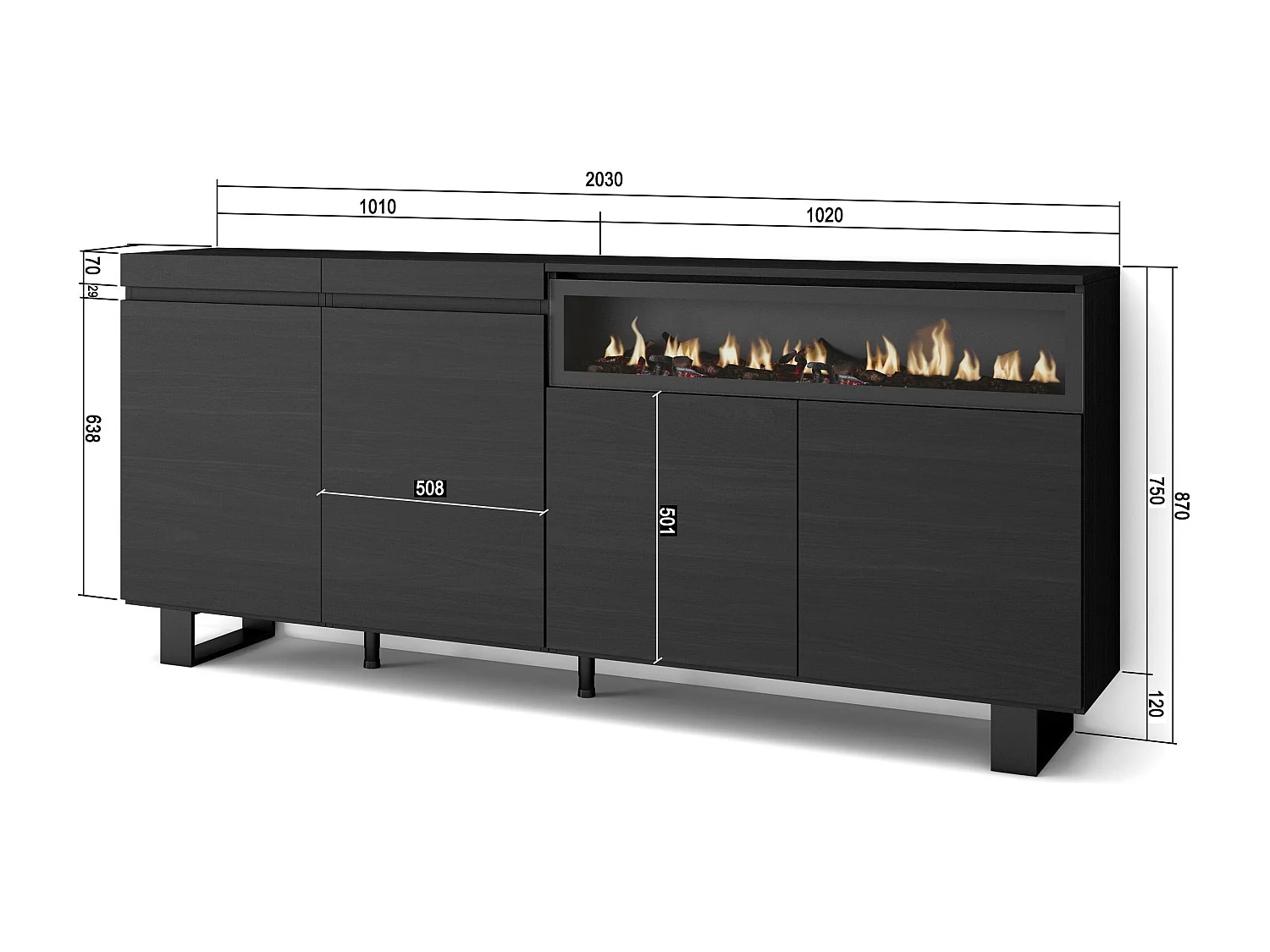 Sideboard, Highboard, 200x35x87cm, 4 Türen, Elektrokamin, Industriedesign, Schwarz