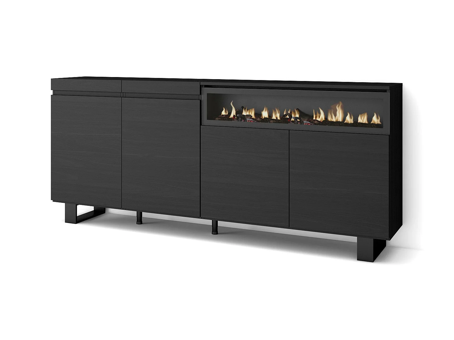 Buffet salon et cuisine, 200x35x87cm, 4 Portes, Cheminée électrique, Design industriel, Noir