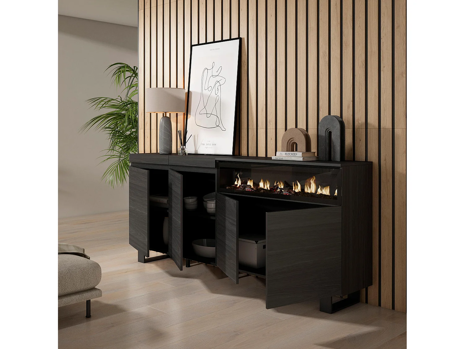 Buffet salon et cuisine, 200x35x87cm, 4 Portes, Cheminée électrique, Design industriel, Noir