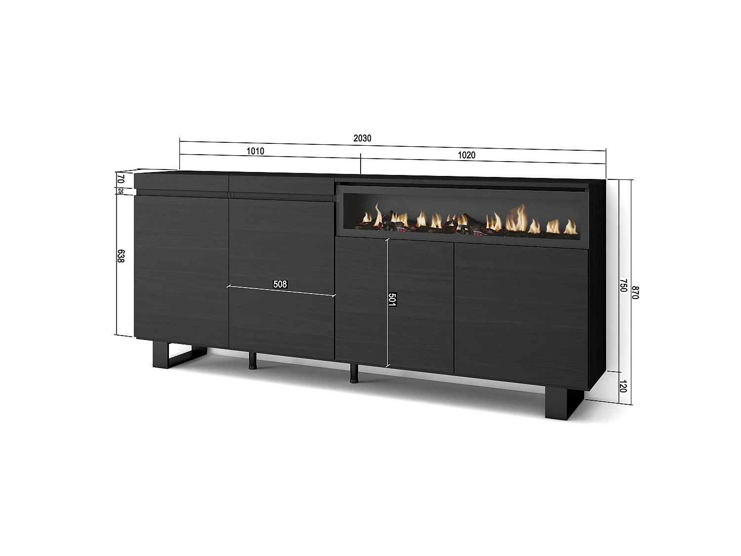 Buffet salon et cuisine, 200x35x87cm, 4 Portes, Cheminée électrique, Design industriel, Noir