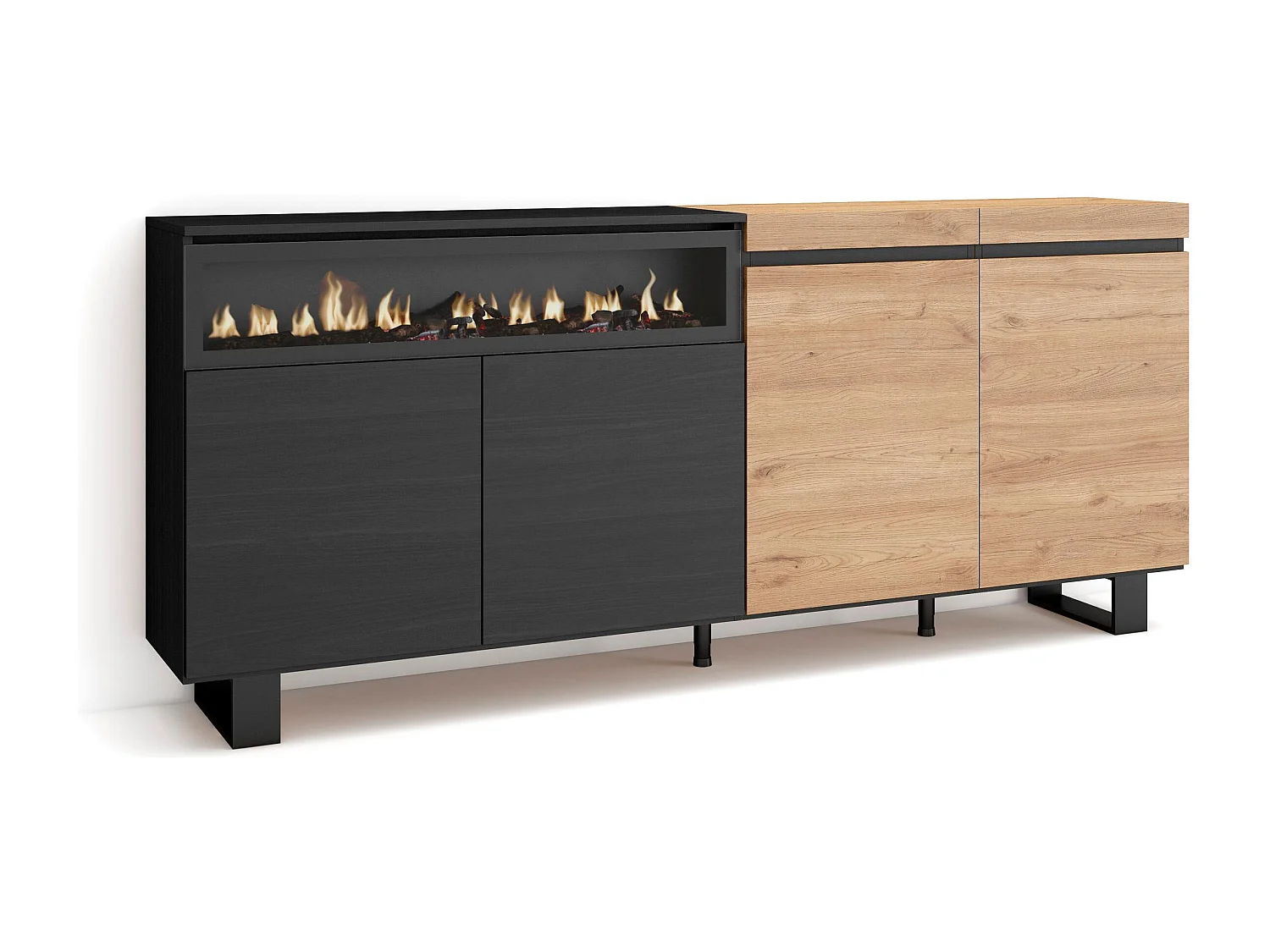 Aparadores para salón, 200x35x87cm, 4 Puertas, Chimenea eléctrica, Diseño industrial, Roble y negro