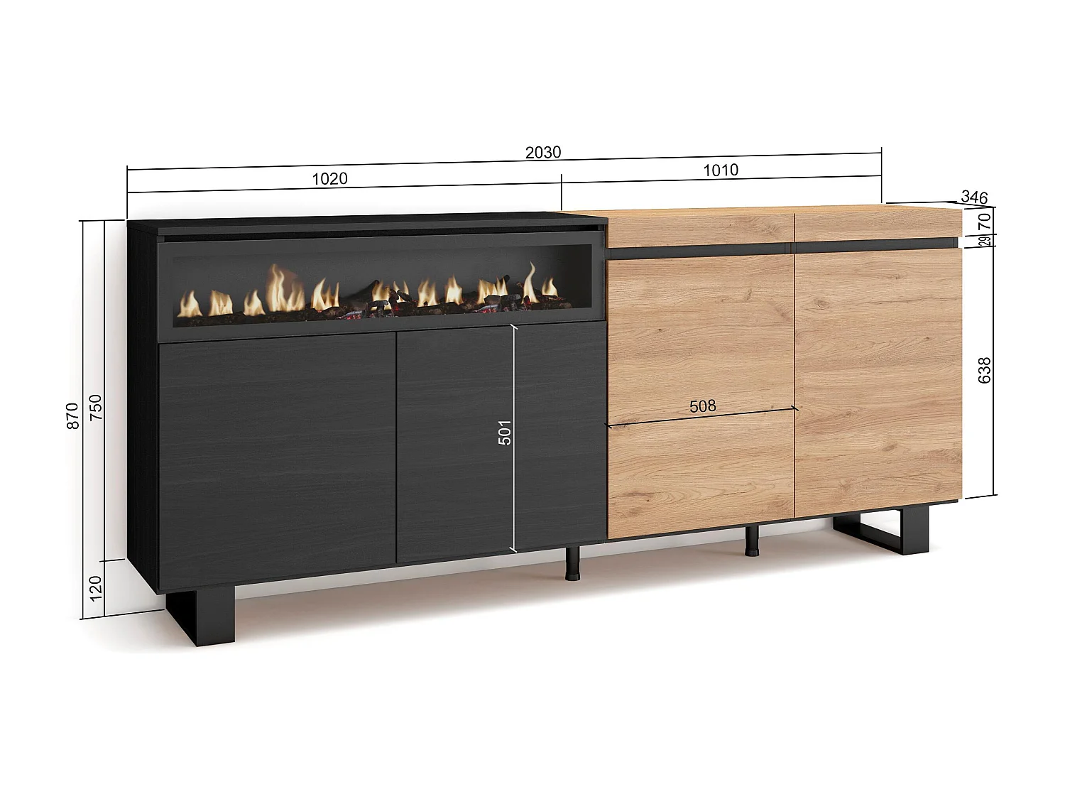 Aparadores para salón, 200x35x87cm, 4 Puertas, Chimenea eléctrica, Diseño industrial, Roble y negro