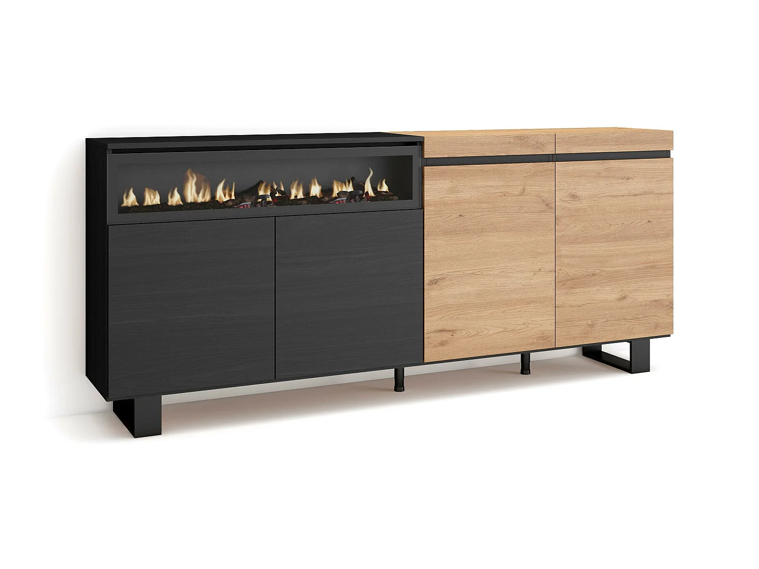 Buffet salon et cuisine, 200x35x87cm, 4 Portes, Cheminée électrique, Design industriel, Chêne et noir