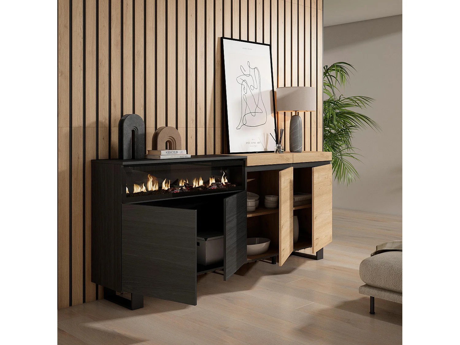 Buffet salon et cuisine, 200x35x87cm, 4 Portes, Cheminée électrique, Design industriel, Chêne et noir