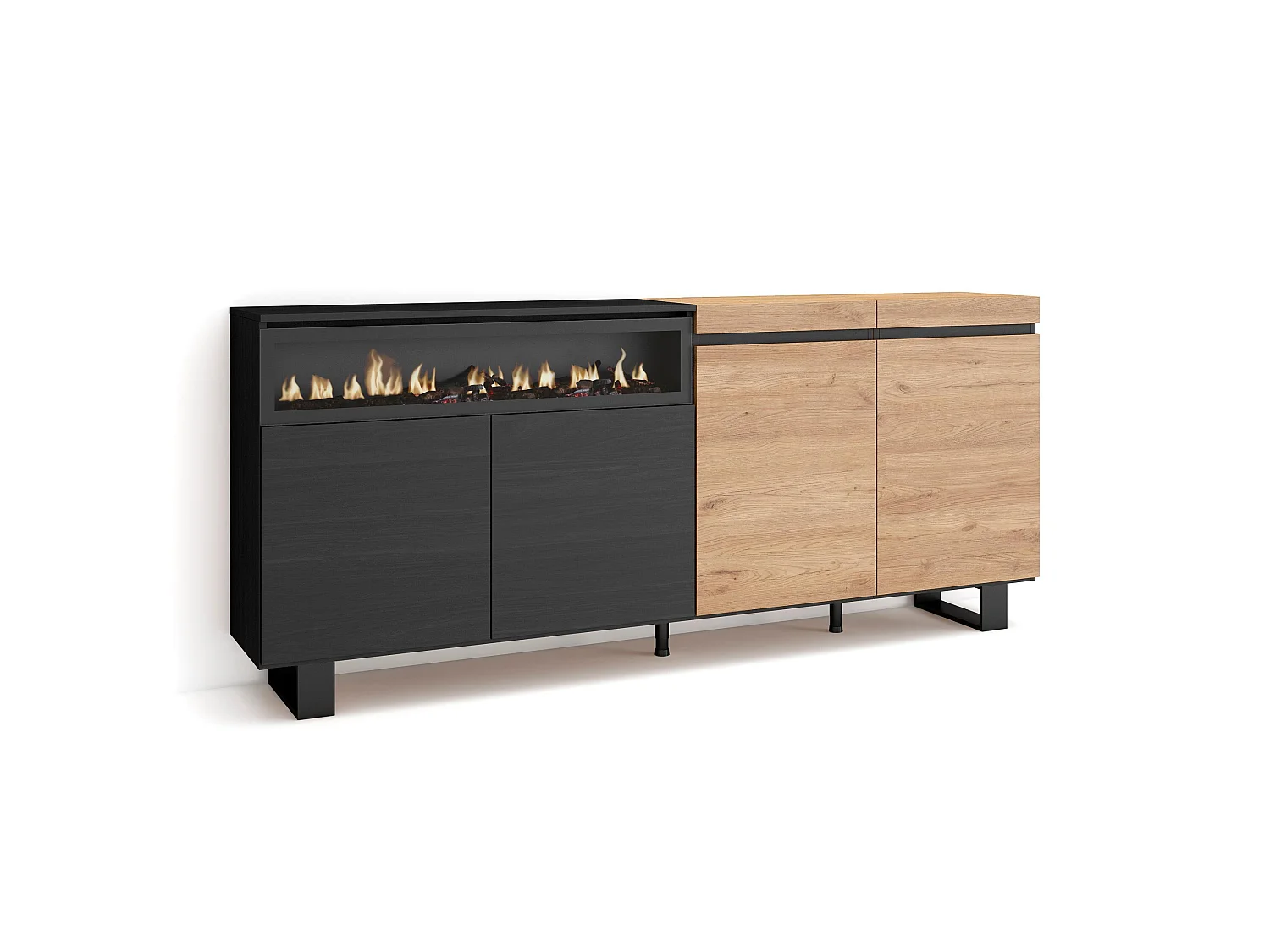 Aparadores para salón, 200x35x87cm, 4 Puertas, Chimenea eléctrica, Diseño industrial, Roble y negro