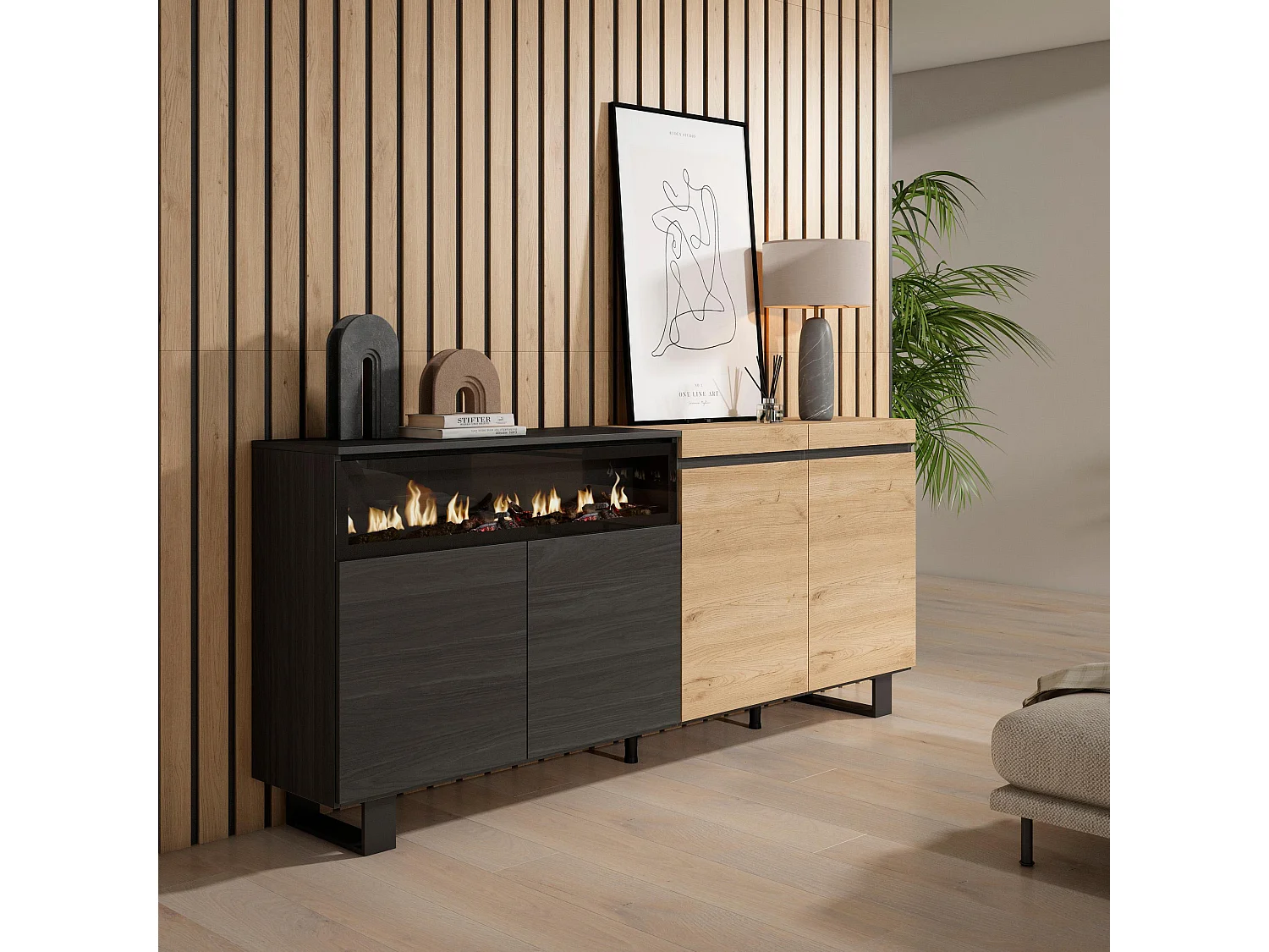 Aparadores para salón, 200x35x87cm, 4 Puertas, Chimenea eléctrica, Diseño industrial, Roble y negro