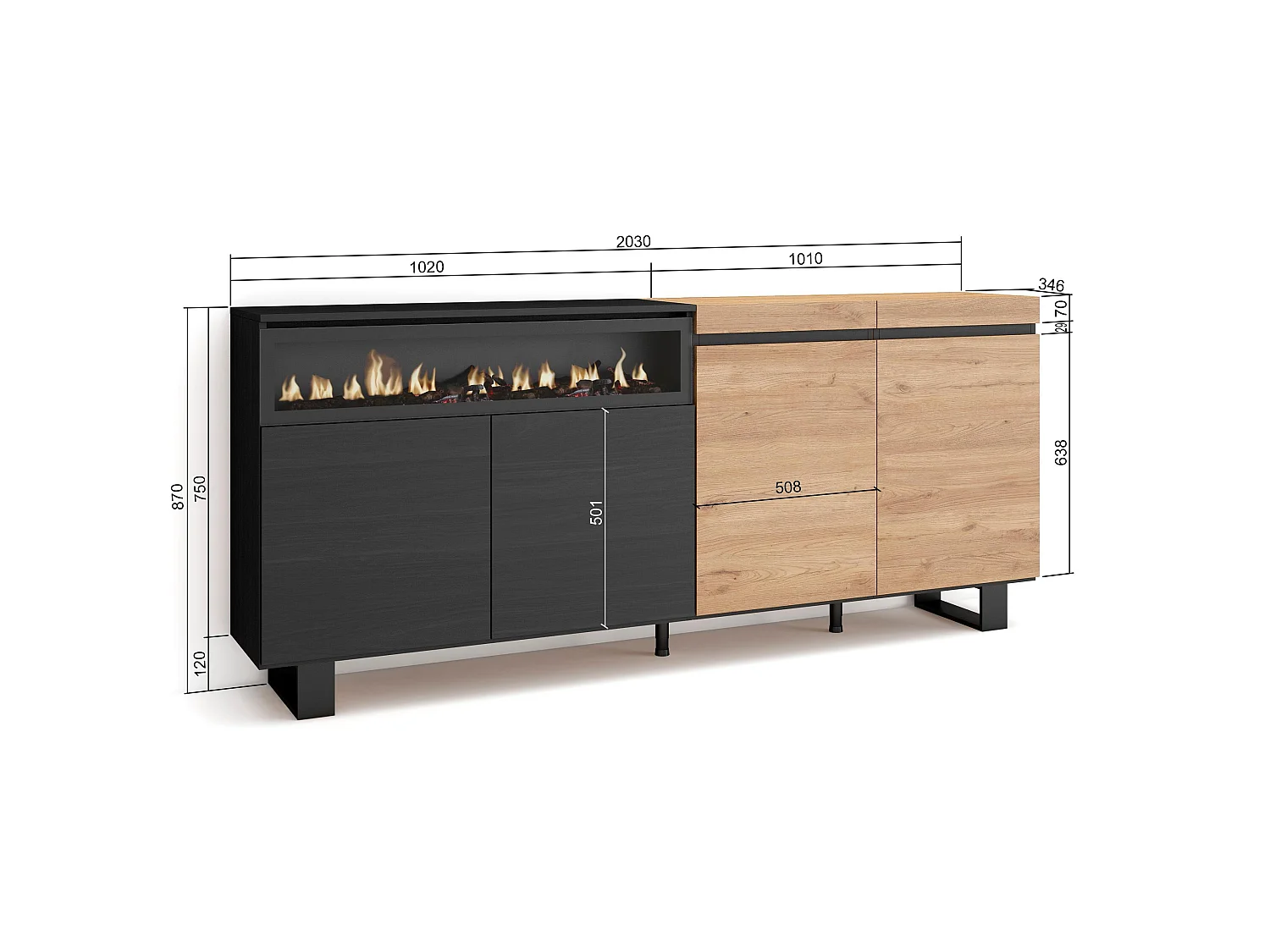Aparadores para salón, 200x35x87cm, 4 Puertas, Chimenea eléctrica, Diseño industrial, Roble y negro