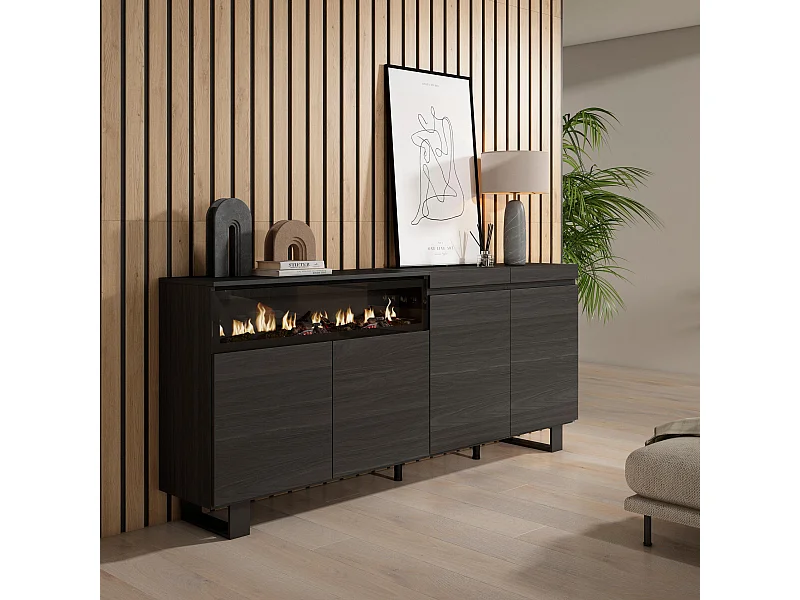 Aparador sala de jantar, 200x35x87cm, 4 Portas, Lareira eléctrica, Design industrial, Preto