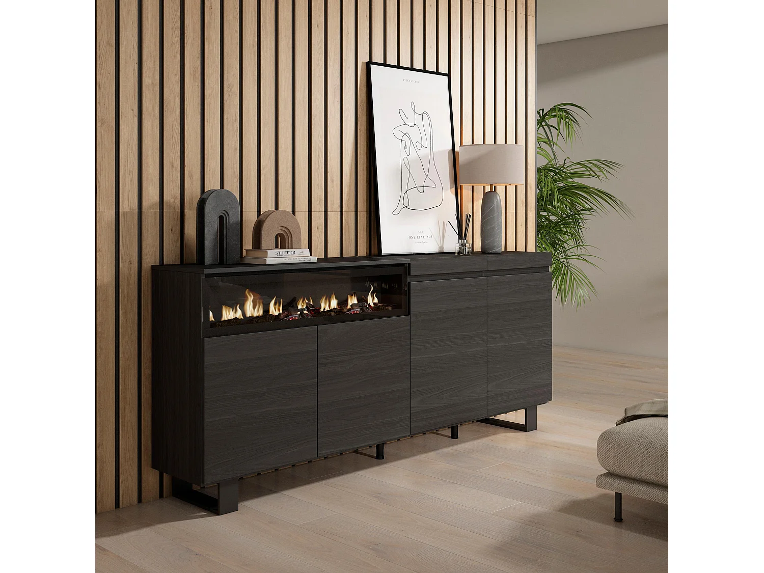 Sideboard, Highboard, 200x35x87cm, 4 Türen, Elektrokamin, Industriedesign, Schwarz