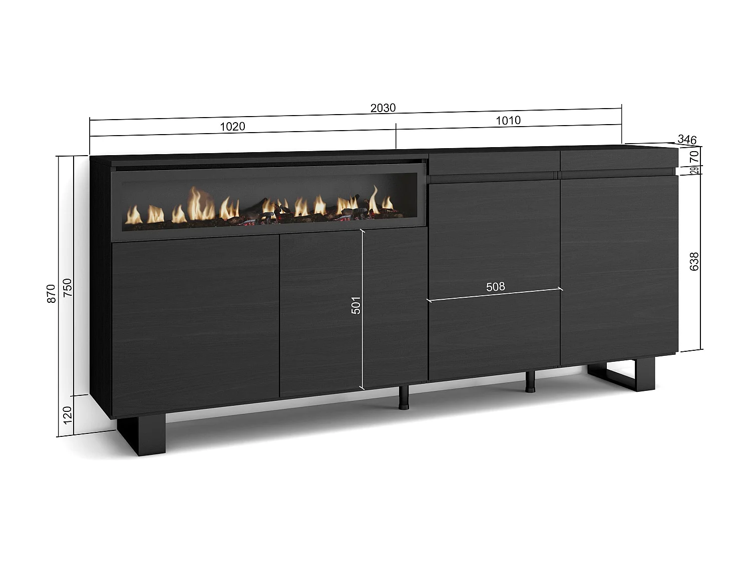 Sideboard, Highboard, 200x35x87cm, 4 Türen, Elektrokamin, Industriedesign, Schwarz