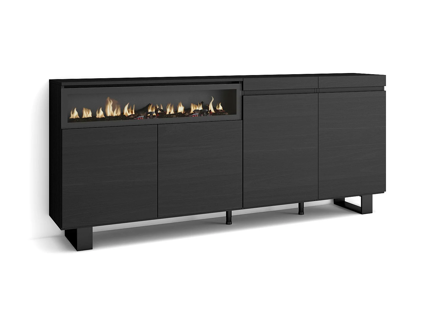 Buffet salon et cuisine, 200x35x87cm, 4 Portes, Cheminée électrique, Design industriel, Noir