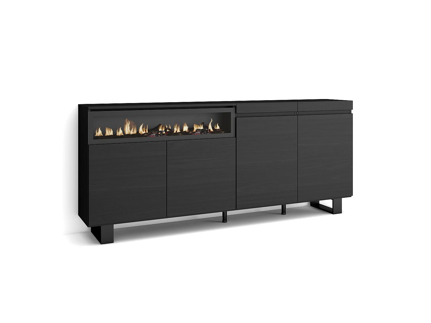 Aparador sala de jantar, 200x35x87cm, 4 Portas, Lareira eléctrica, Design industrial, Preto