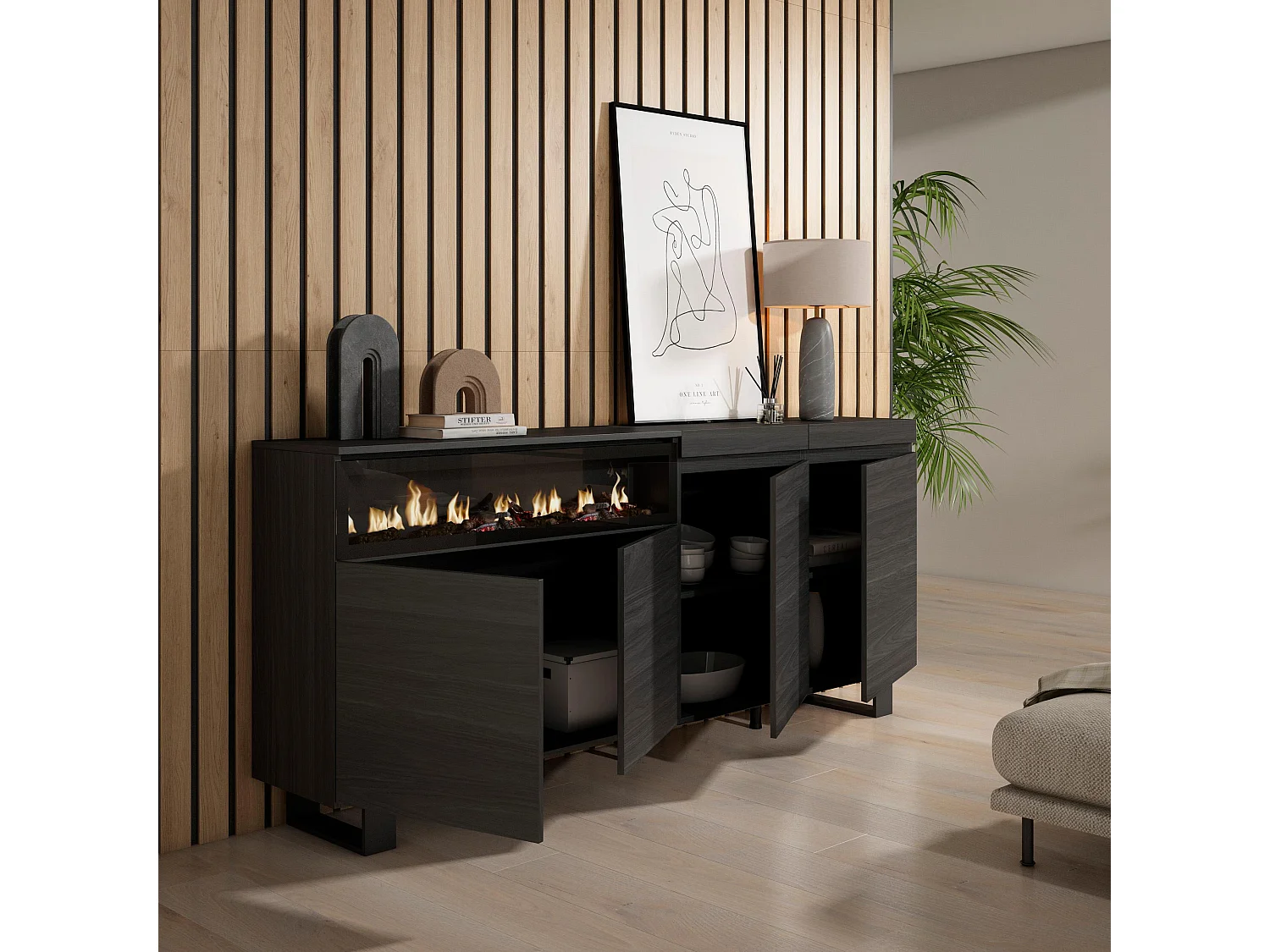 Aparador sala de jantar, 200x35x87cm, 4 Portas, Lareira eléctrica, Design industrial, Preto