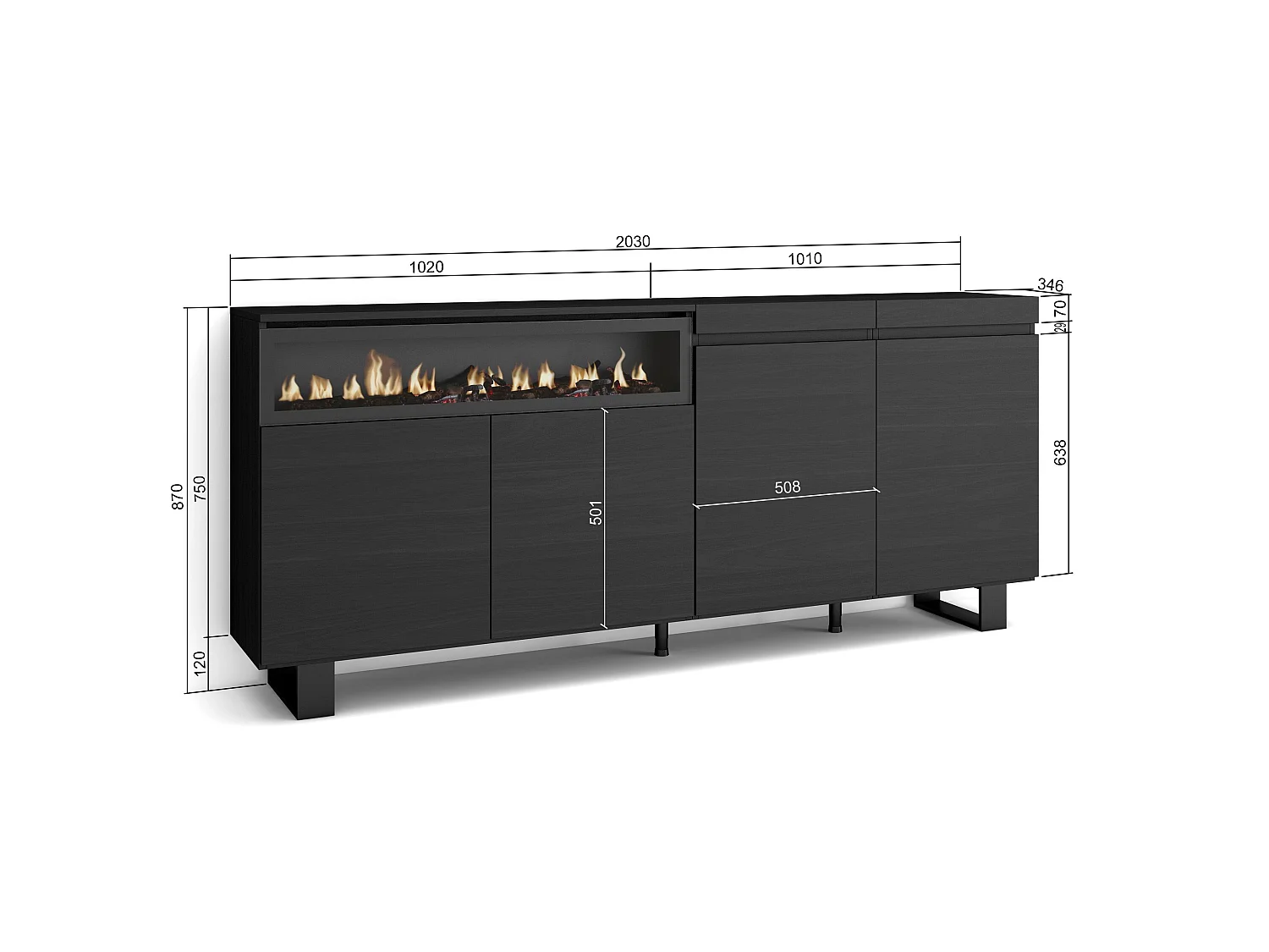 Aparador sala de jantar, 200x35x87cm, 4 Portas, Lareira eléctrica, Design industrial, Preto