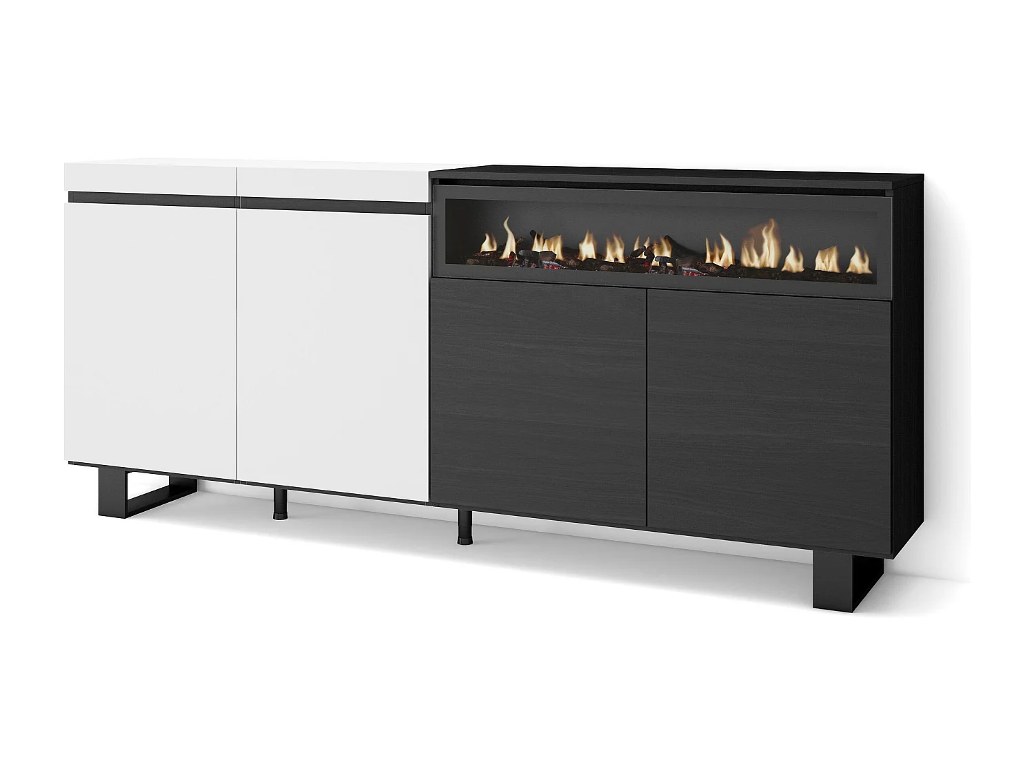 Dressoir, Opbergkast, 200x35x87cm, 4 Deuren, Elektrische haard, Industrieel design, Wit en Zwart