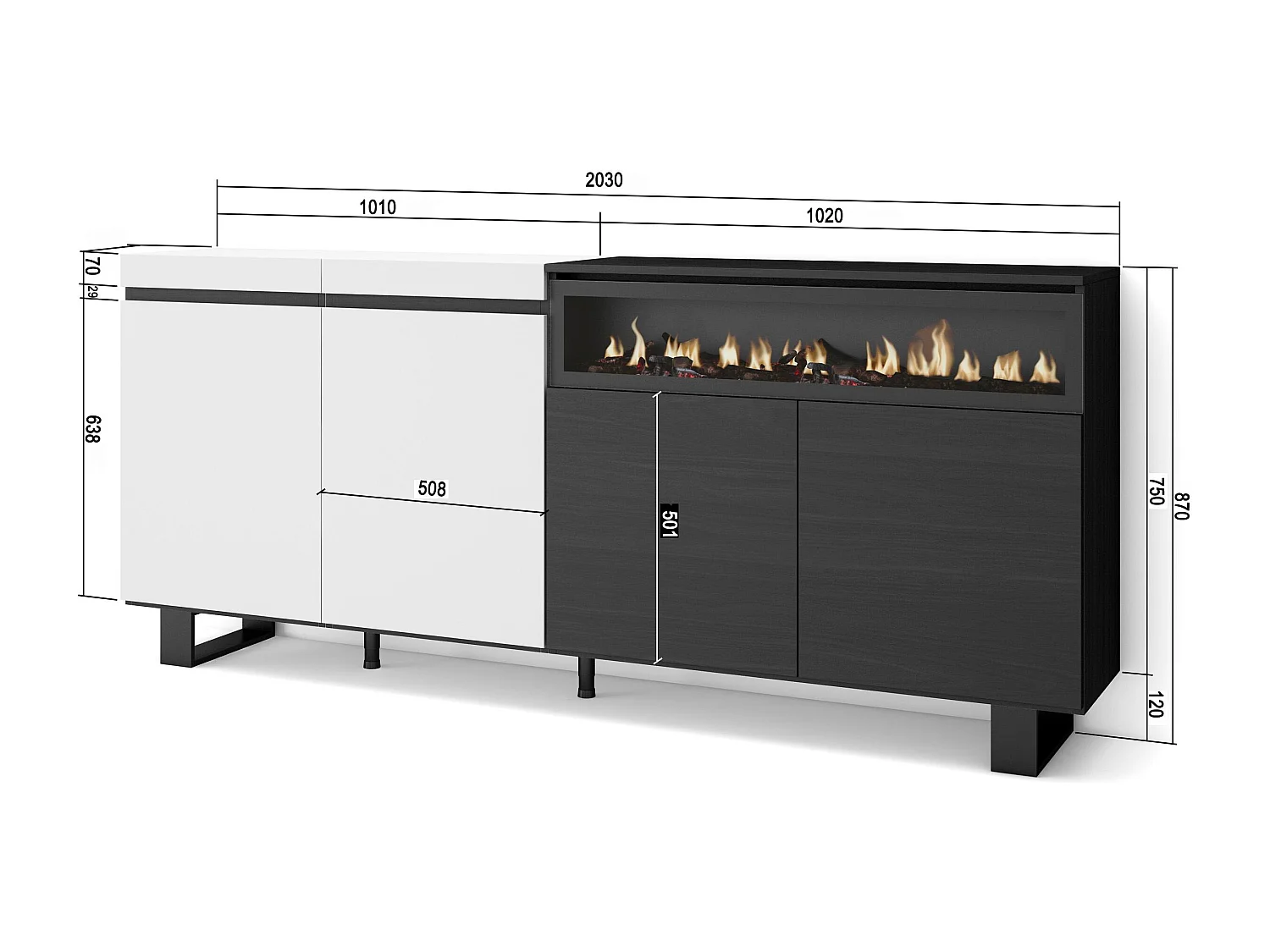 Dressoir, Opbergkast, 200x35x87cm, 4 Deuren, Elektrische haard, Industrieel design, Wit en Zwart