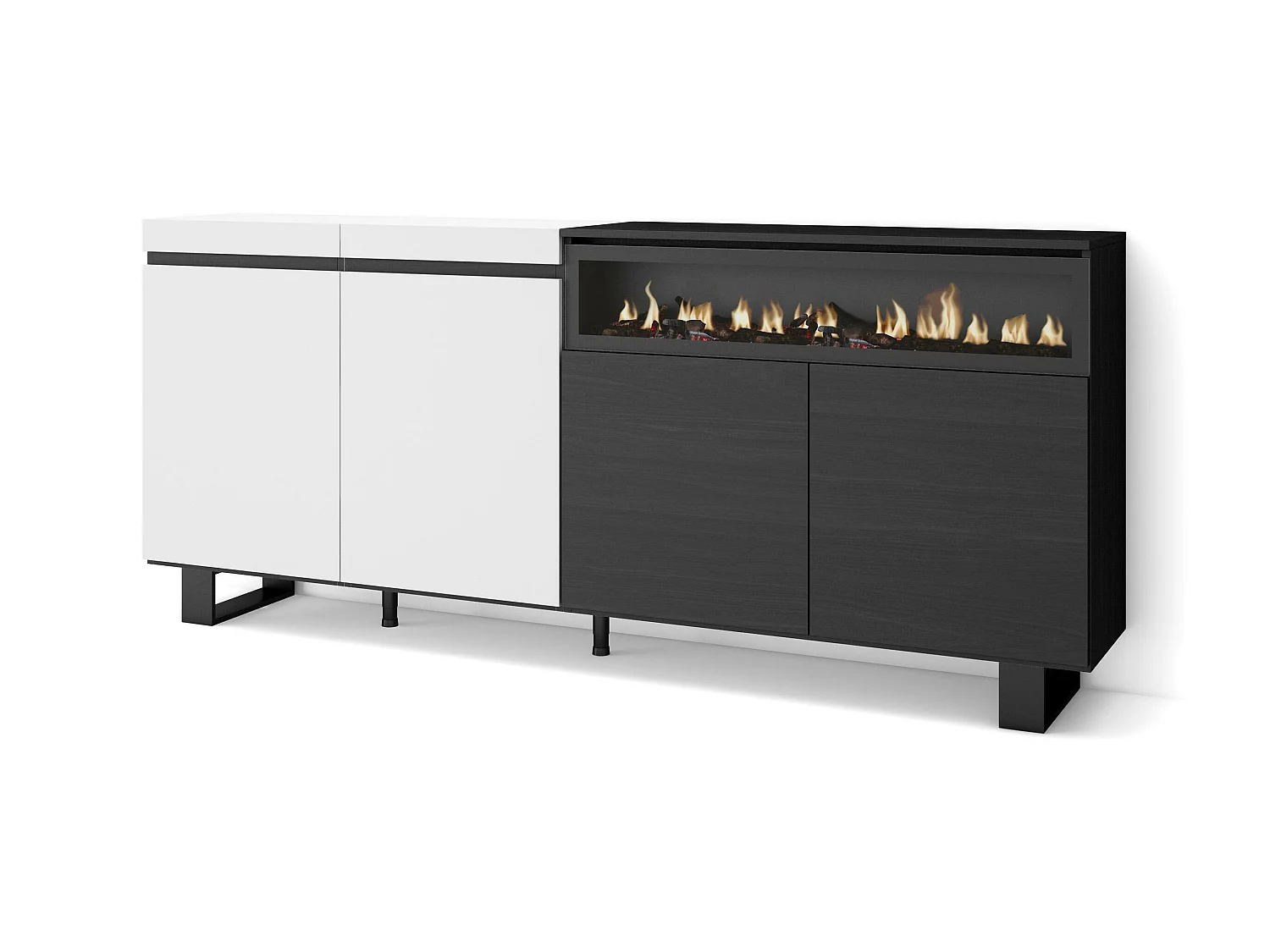 Buffet salon et cuisine, 200x35x87cm, 4 Portes, Cheminée électrique, Design industriel, Blanc et noir