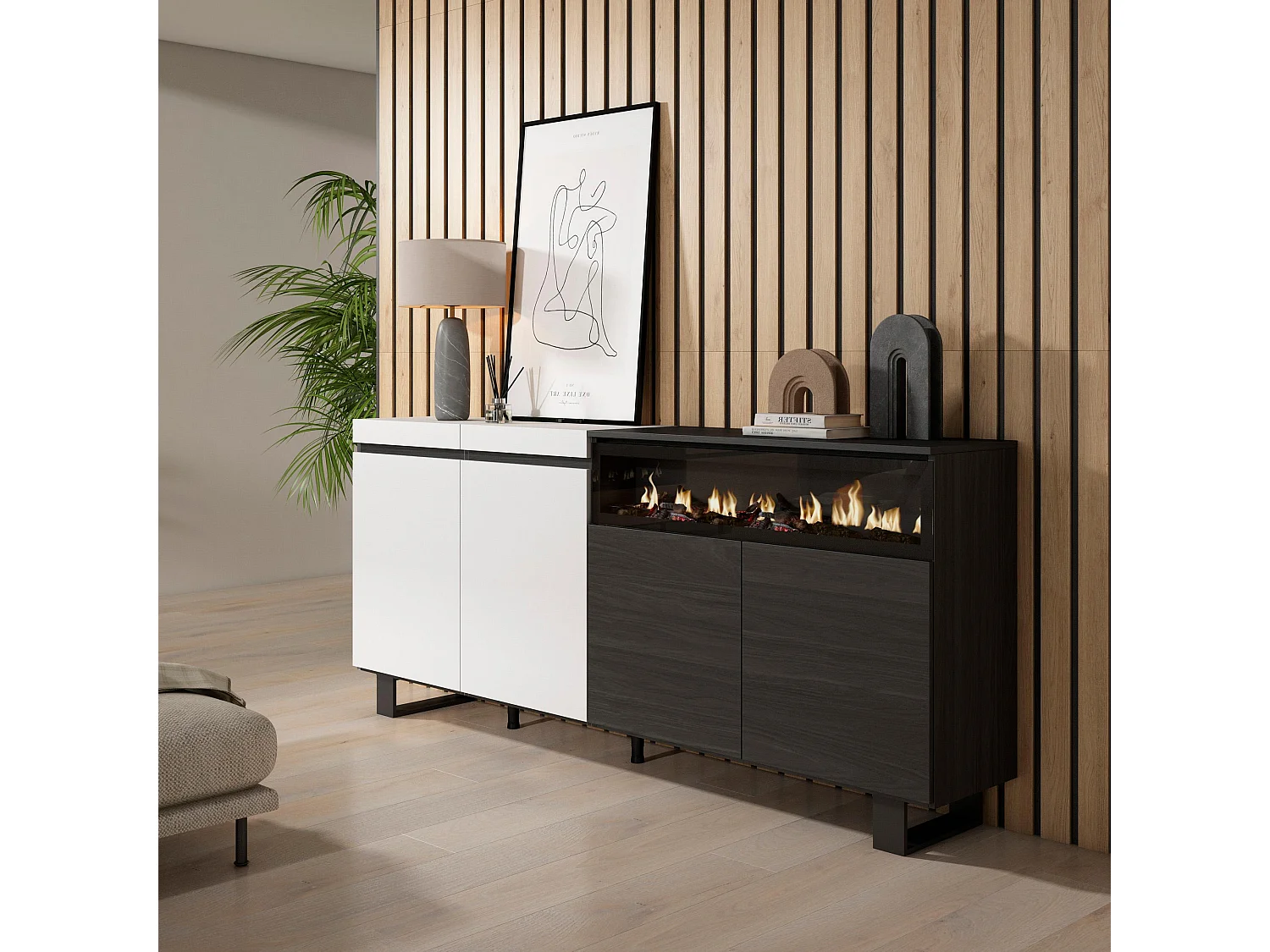 Sideboard, Highboard, 200x35x87cm, 4 Türen, Elektrokamin, Industriedesign, Weiß und Schwarz