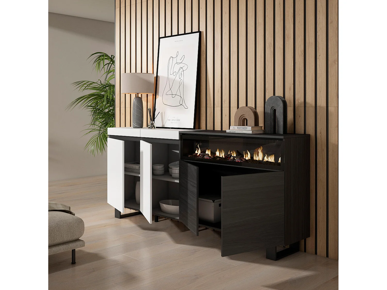 Sideboard, Highboard, 200x35x87cm, 4 Türen, Elektrokamin, Industriedesign, Weiß und Schwarz