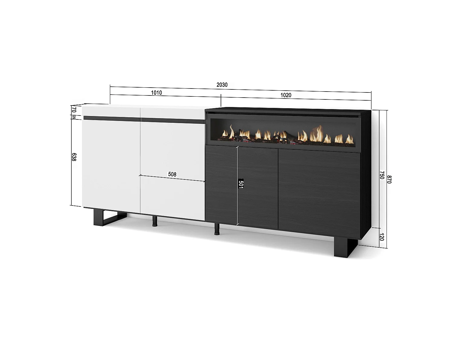 Sideboard, Highboard, 200x35x87cm, 4 Türen, Elektrokamin, Industriedesign, Weiß und Schwarz
