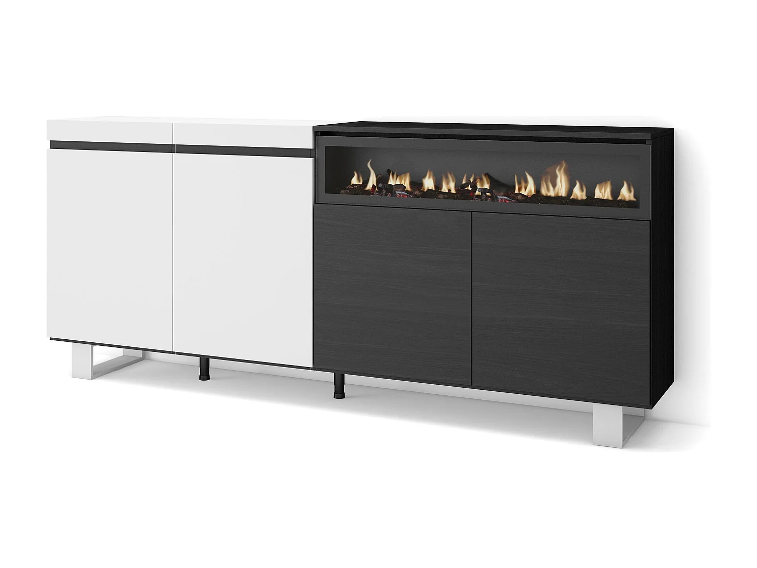 Buffet salon et cuisine, 200x35x87cm, 4 Portes, Cheminée électrique, Design industriel, Blanc et noir