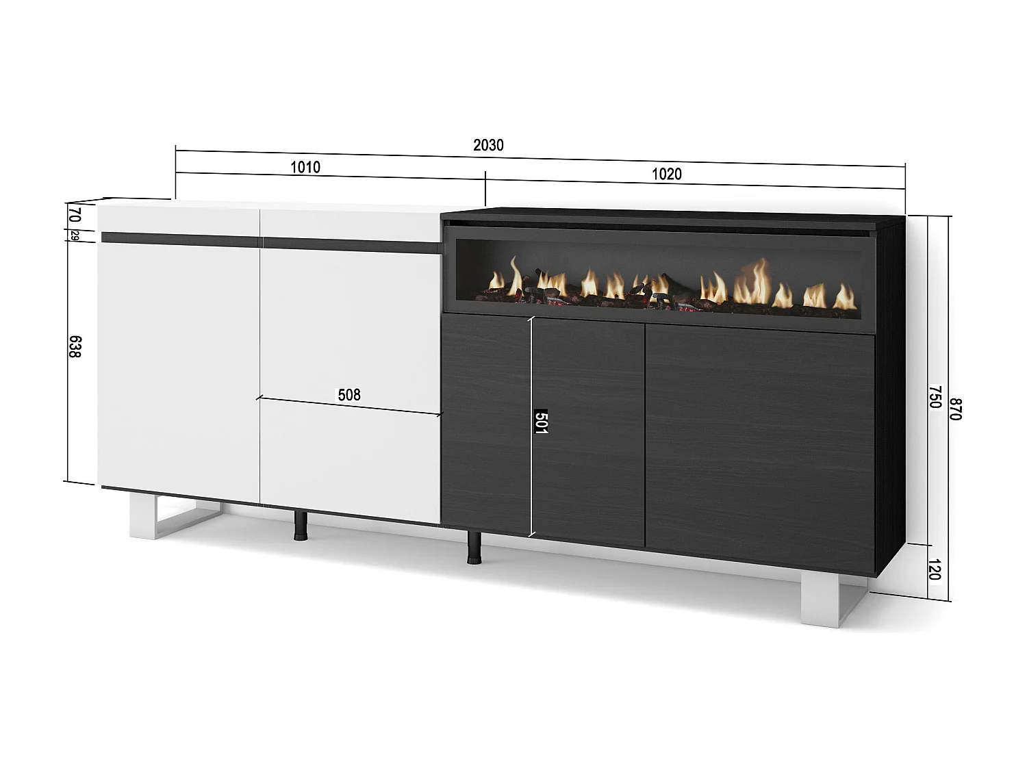 Buffet salon et cuisine, 200x35x87cm, 4 Portes, Cheminée électrique, Design industriel, Blanc et noir