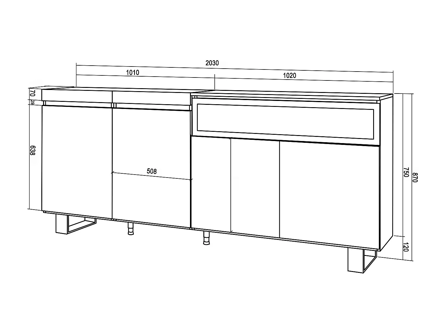 Buffet salon et cuisine, 200x35x87cm, 4 Portes, Cheminée électrique, Design industriel, Blanc et noir