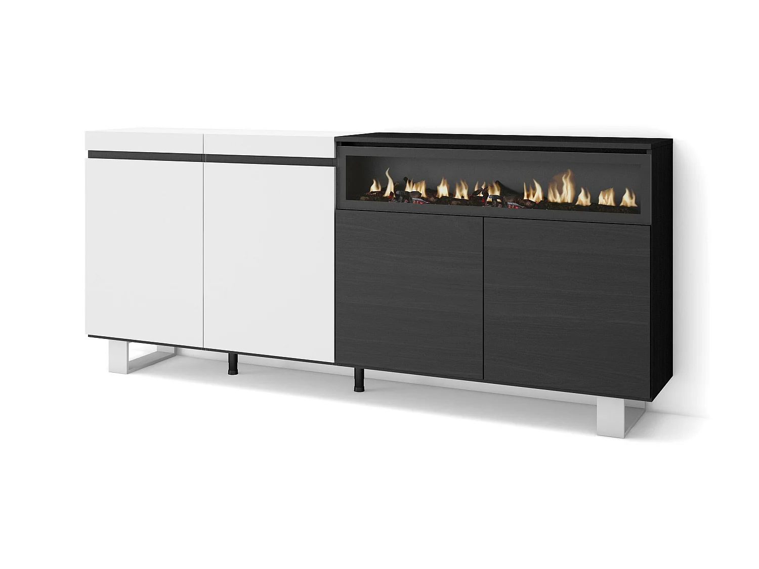 Sideboard, Highboard, 200x35x87cm, 4 Türen, Elektrokamin. Maße, Industriedesign, Weiß und Schwarz