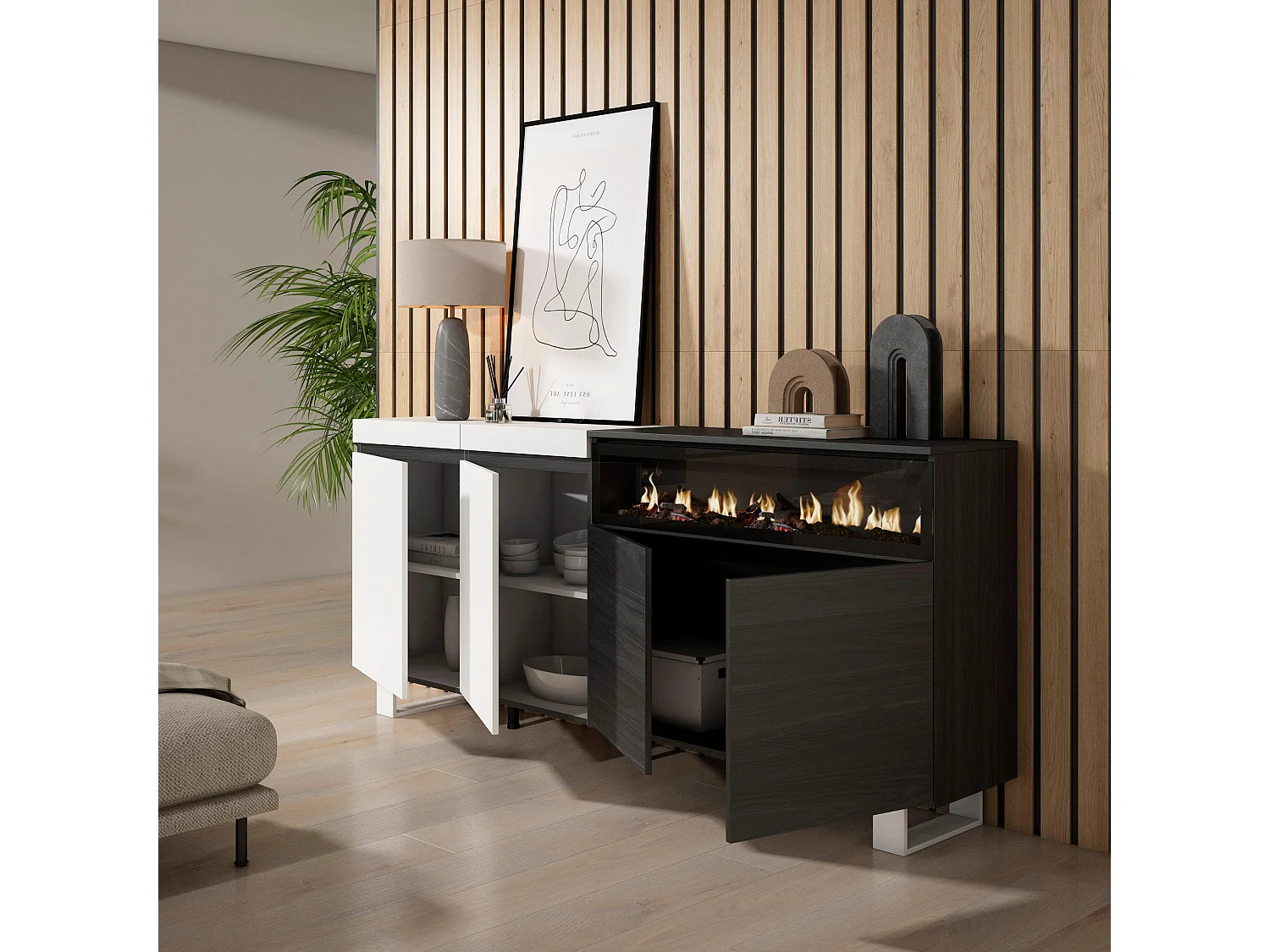 Buffet salon et cuisine, 200x35x87cm, 4 Portes, Cheminée électrique, Design industriel, Blanc et noir