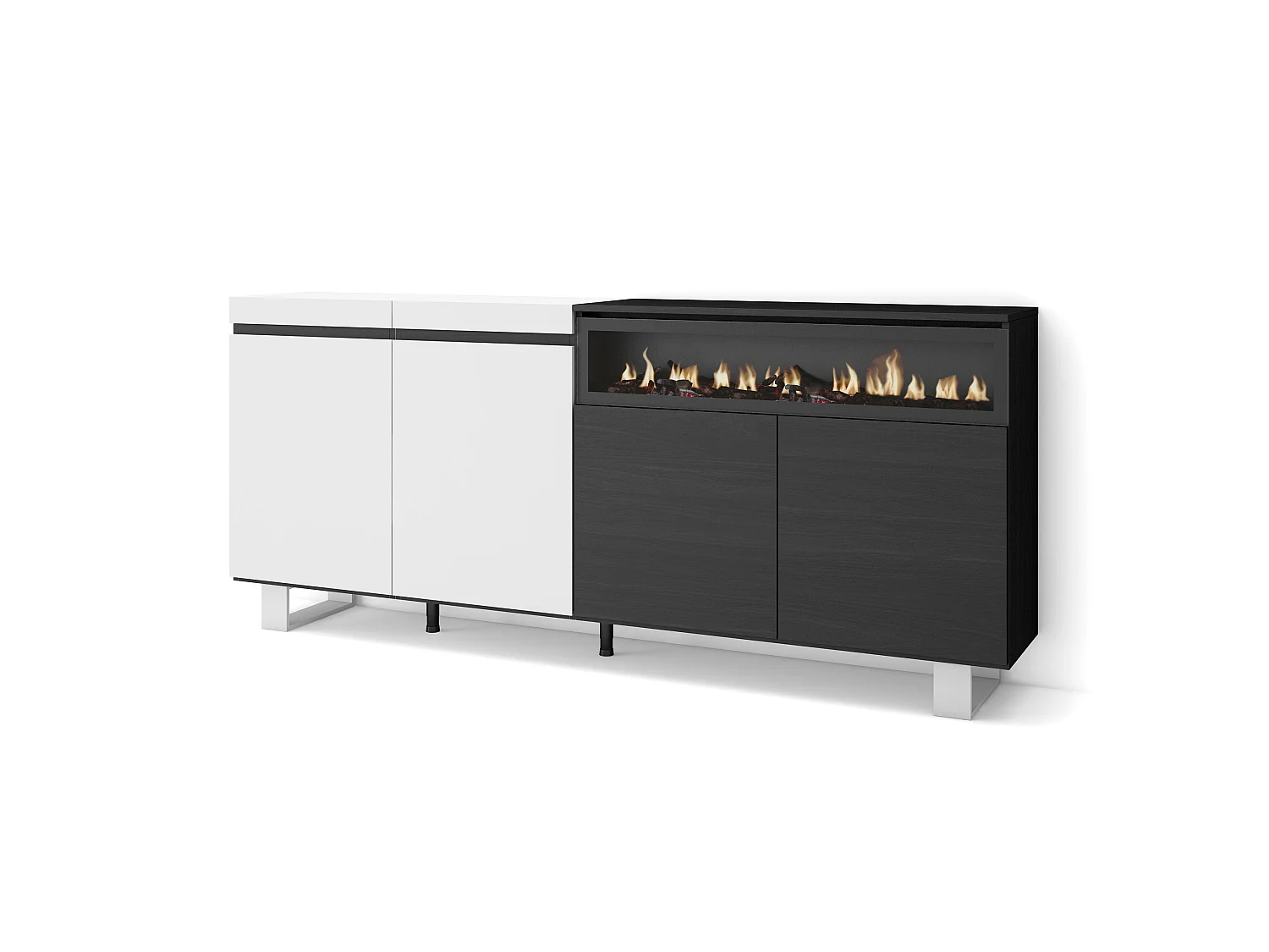 Aparador sala de jantar, 200x35x87cm, 4 Portas, Lareira eléctrica, Design industrial, Branco e preto