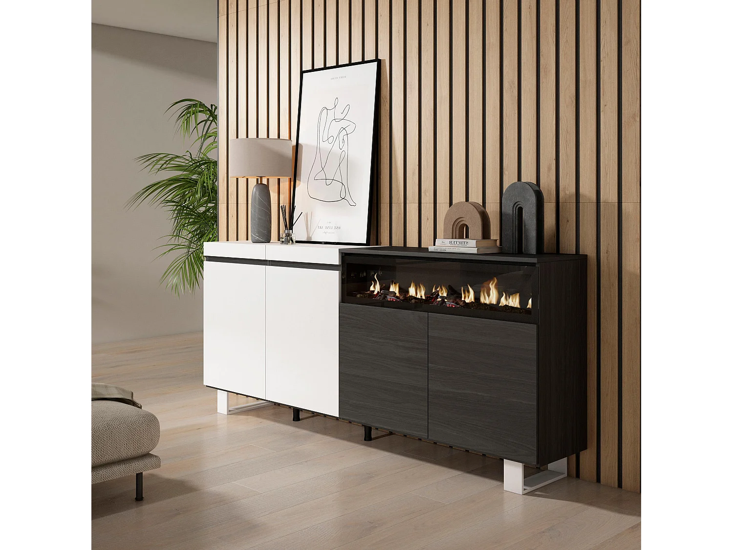 Aparador sala de jantar, 200x35x87cm, 4 Portas, Lareira eléctrica, Design industrial, Branco e preto