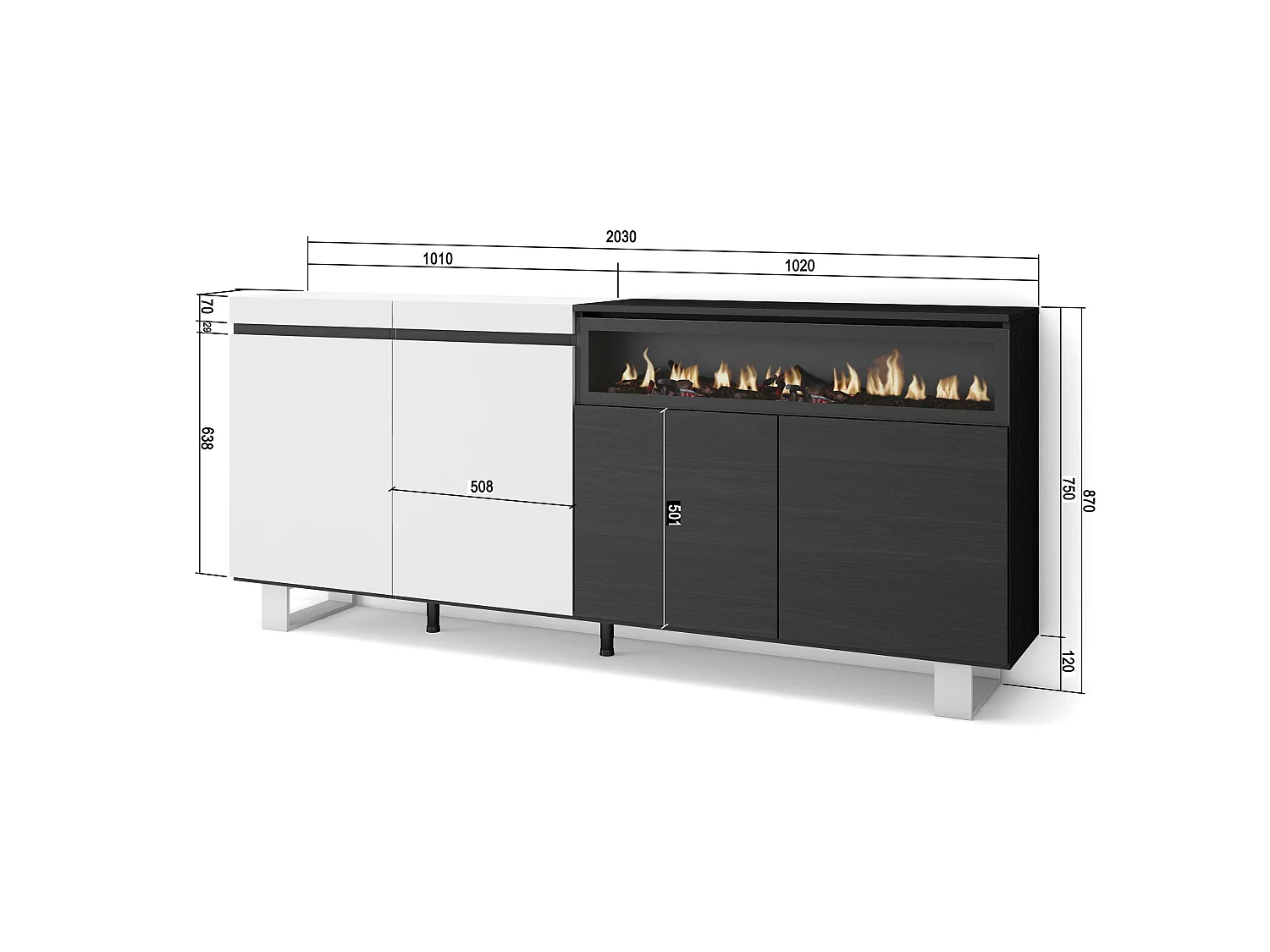 Aparador sala de jantar, 200x35x87cm, 4 Portas, Lareira eléctrica, Design industrial, Branco e preto