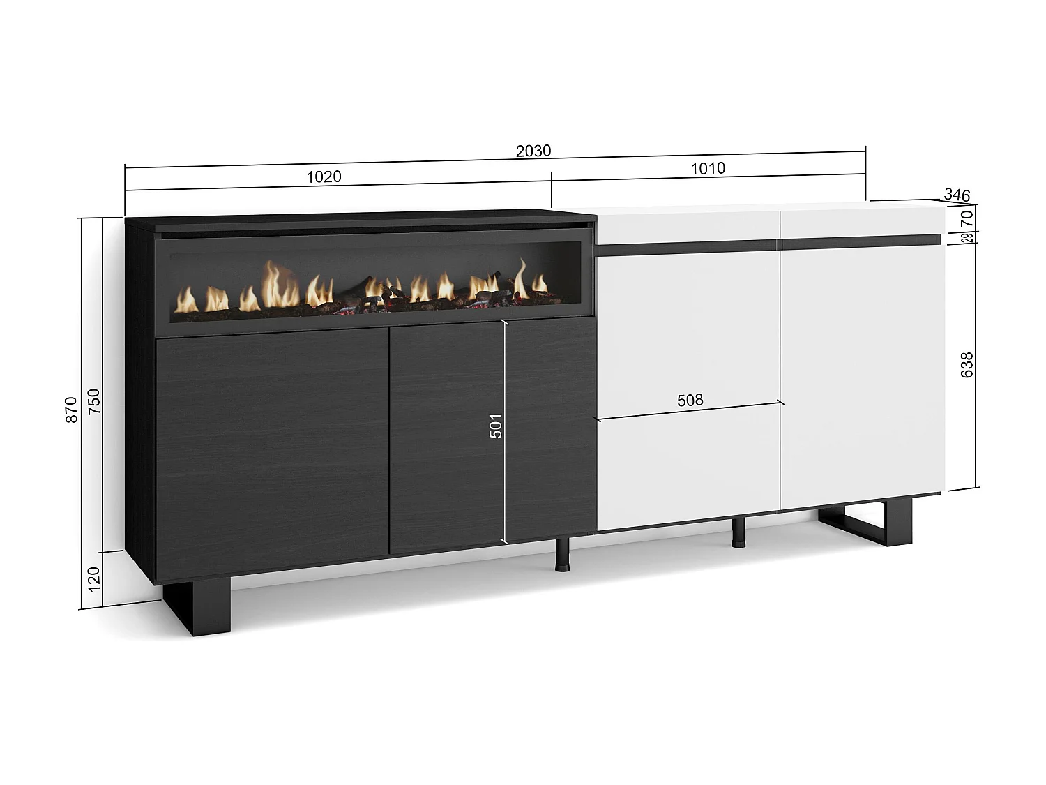 Buffet salon et cuisine, 200x35x87cm, 4 Portes, Cheminée électrique, Design industriel, Blanc et noir