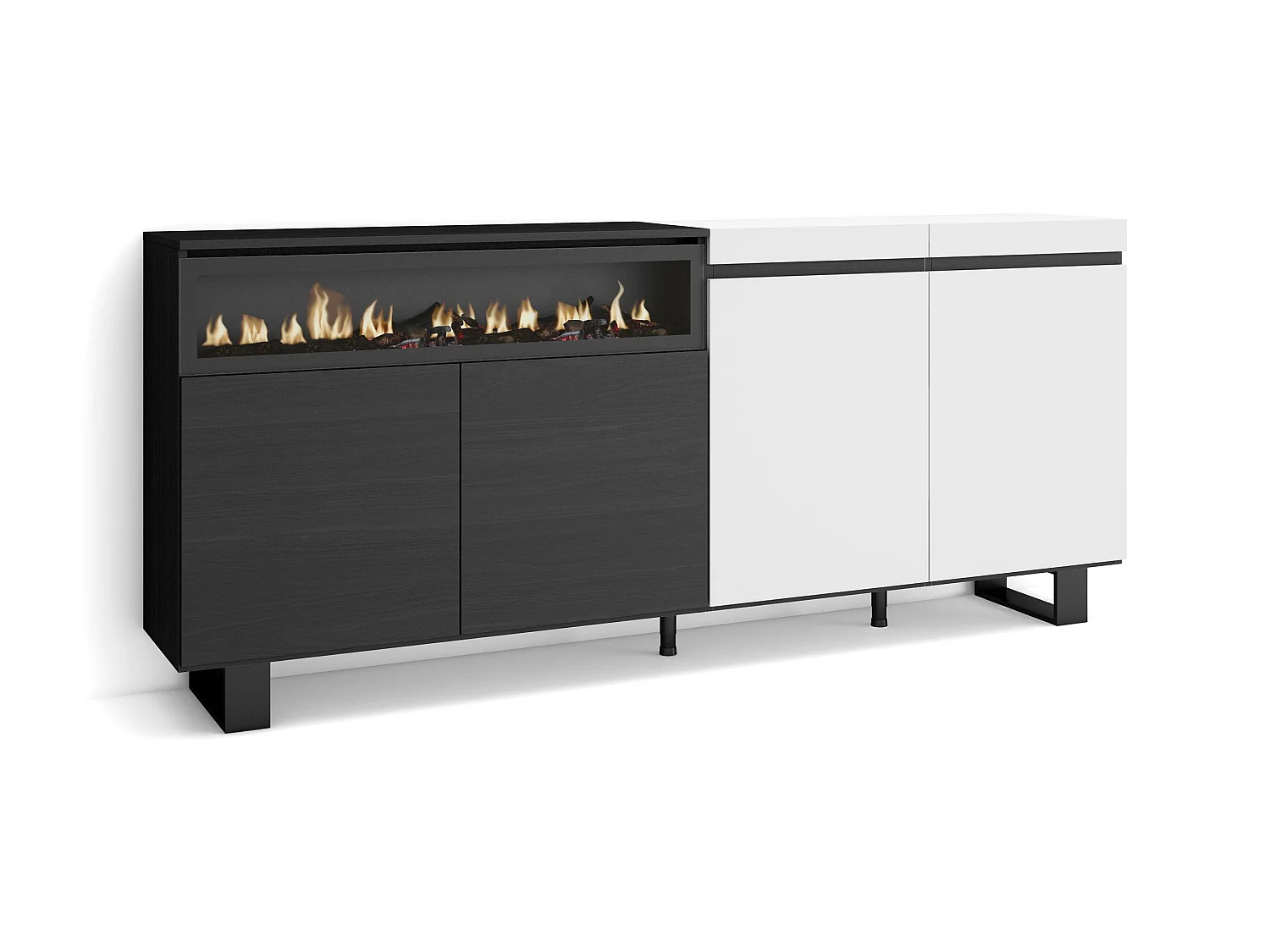Buffet salon et cuisine, 200x35x87cm, 4 Portes, Cheminée électrique, Design industriel, Blanc et noir