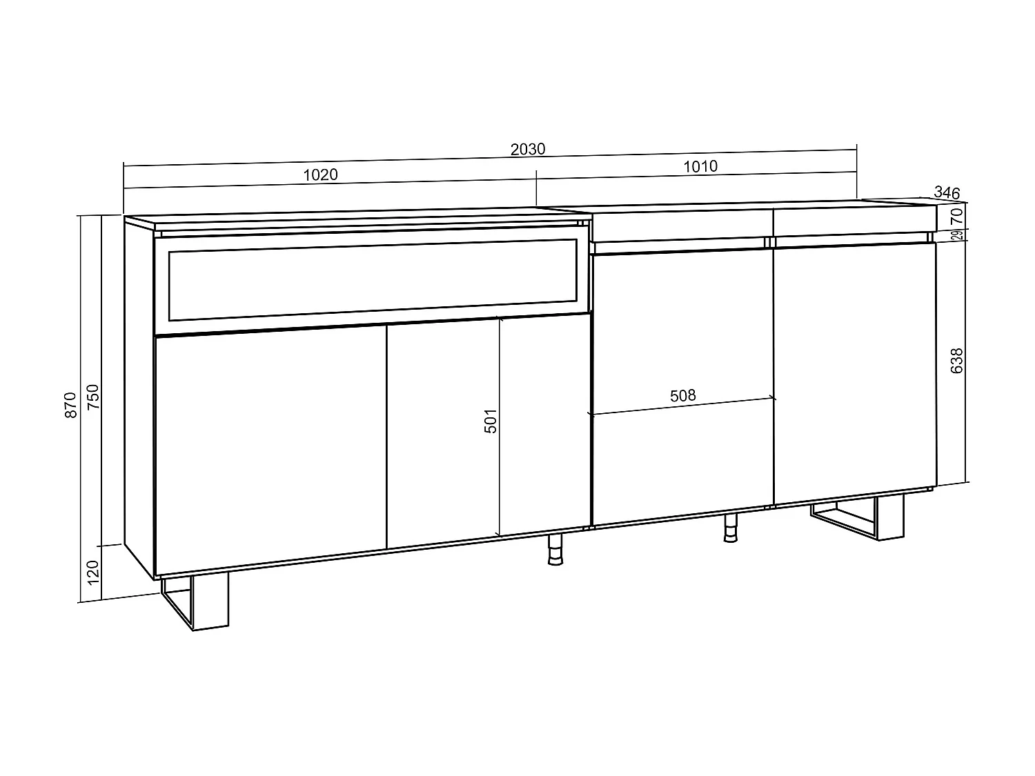 Buffet salon et cuisine, 200x35x87cm, 4 Portes, Cheminée électrique, Design industriel, Blanc et noir