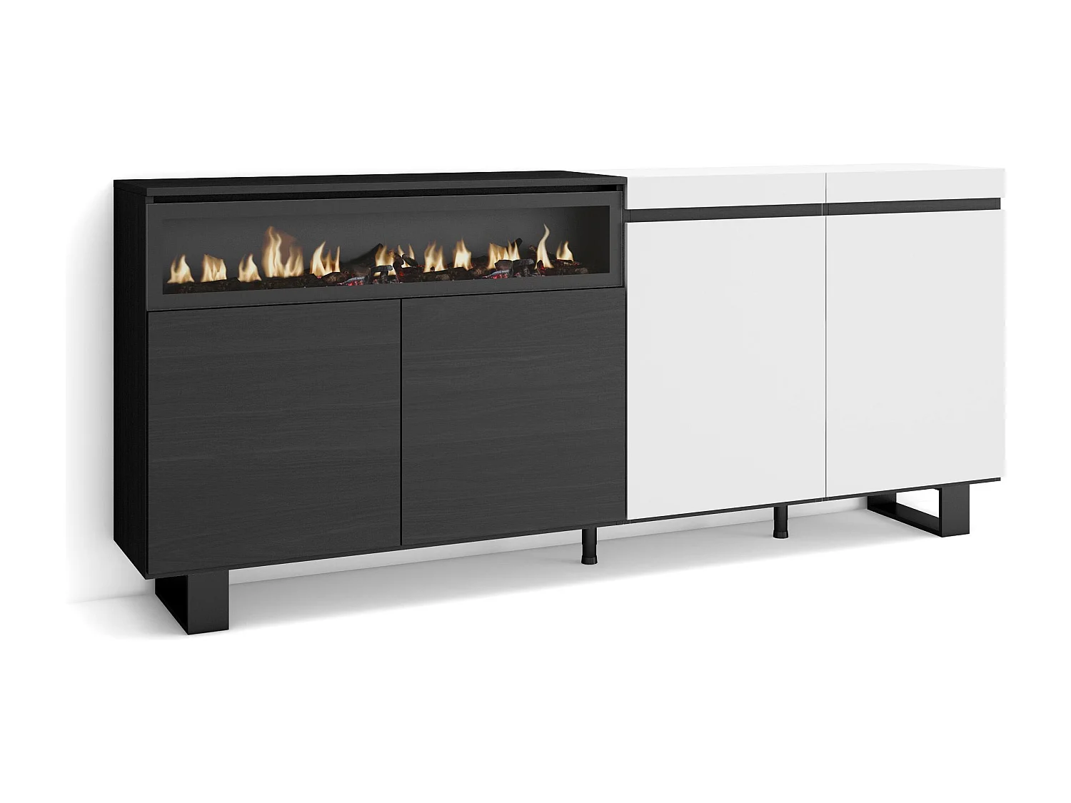 Sideboard, Highboard, 200x35x87cm, 4 Türen, Elektrokamin, Industriedesign, Weiß und Schwarz