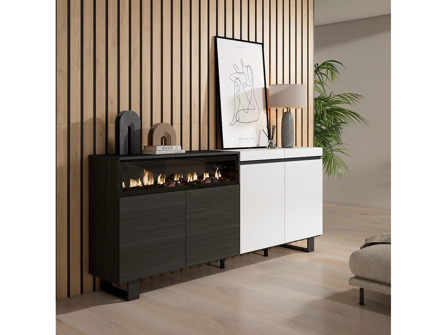 Sideboard, Highboard, 200x35x87cm, 4 Türen, Elektrokamin, Industriedesign, Weiß und Schwarz